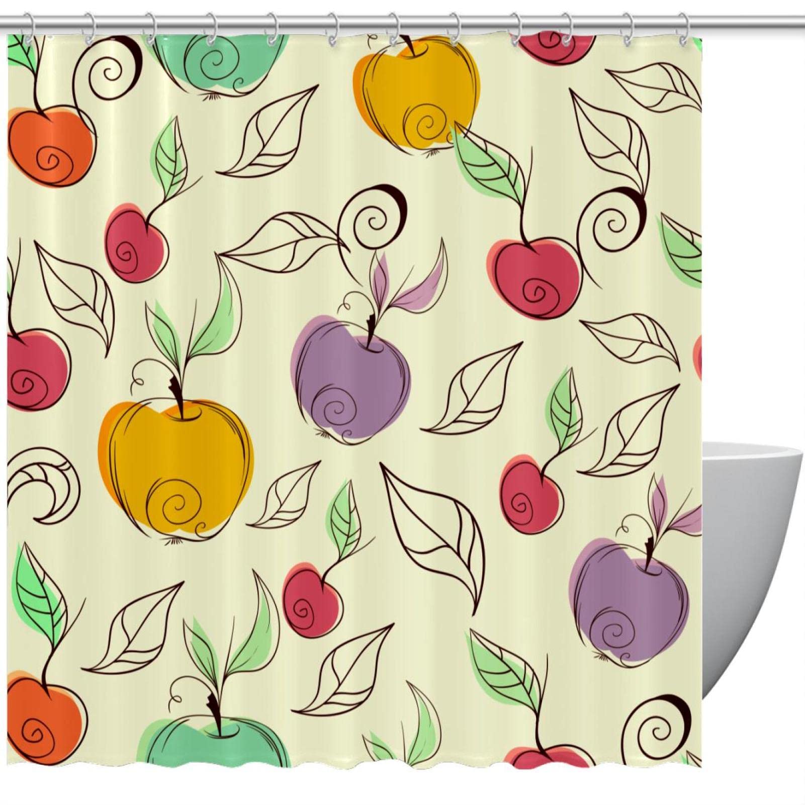 Rideau de douche anti-moisissure imperméable avec crochets motif pommes