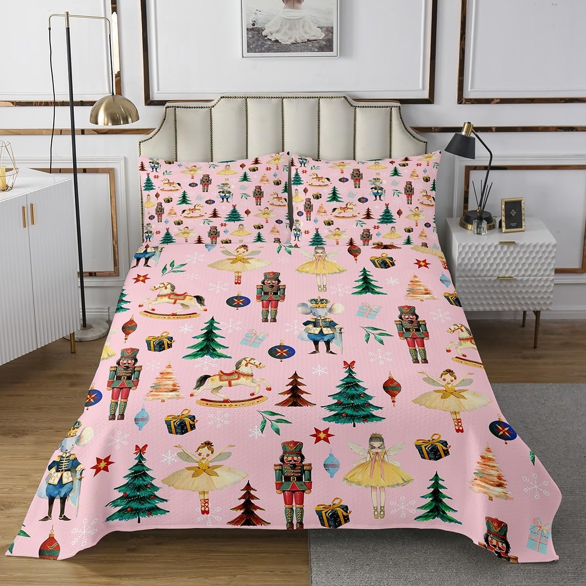 Erosebridal Pink Christmas Tree Bedspread Set, Watercolor Hand Drawn Coverlet Set Queen Cartoon Multicolor Quilted, Cute Decor