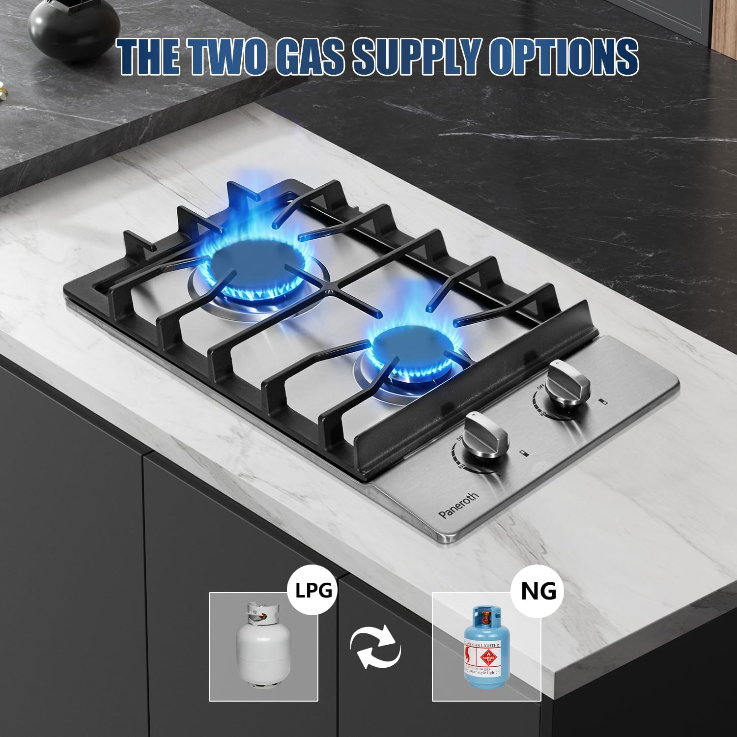 Gas Cooktop 2 Burners, 12 Inch Stove Top Stainless Steel Built-in, Max 12000BTU Propane/Natural Gas Convertible Dual Fuel Hob for Apartments, Rvs, Outdoor