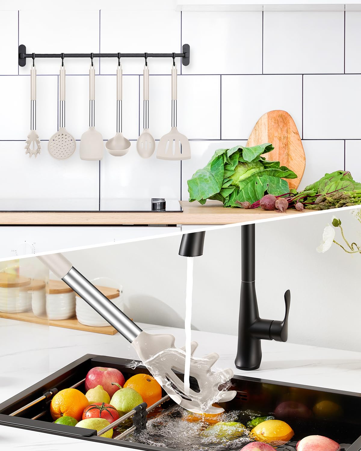 Juego de utensilios de cocina de silicona, 8 utensilios de cocina antiadherentes con mango de acero inoxidable, sin BPA, herramientas de cocina resistentes al calor con espátulas, volteadores,