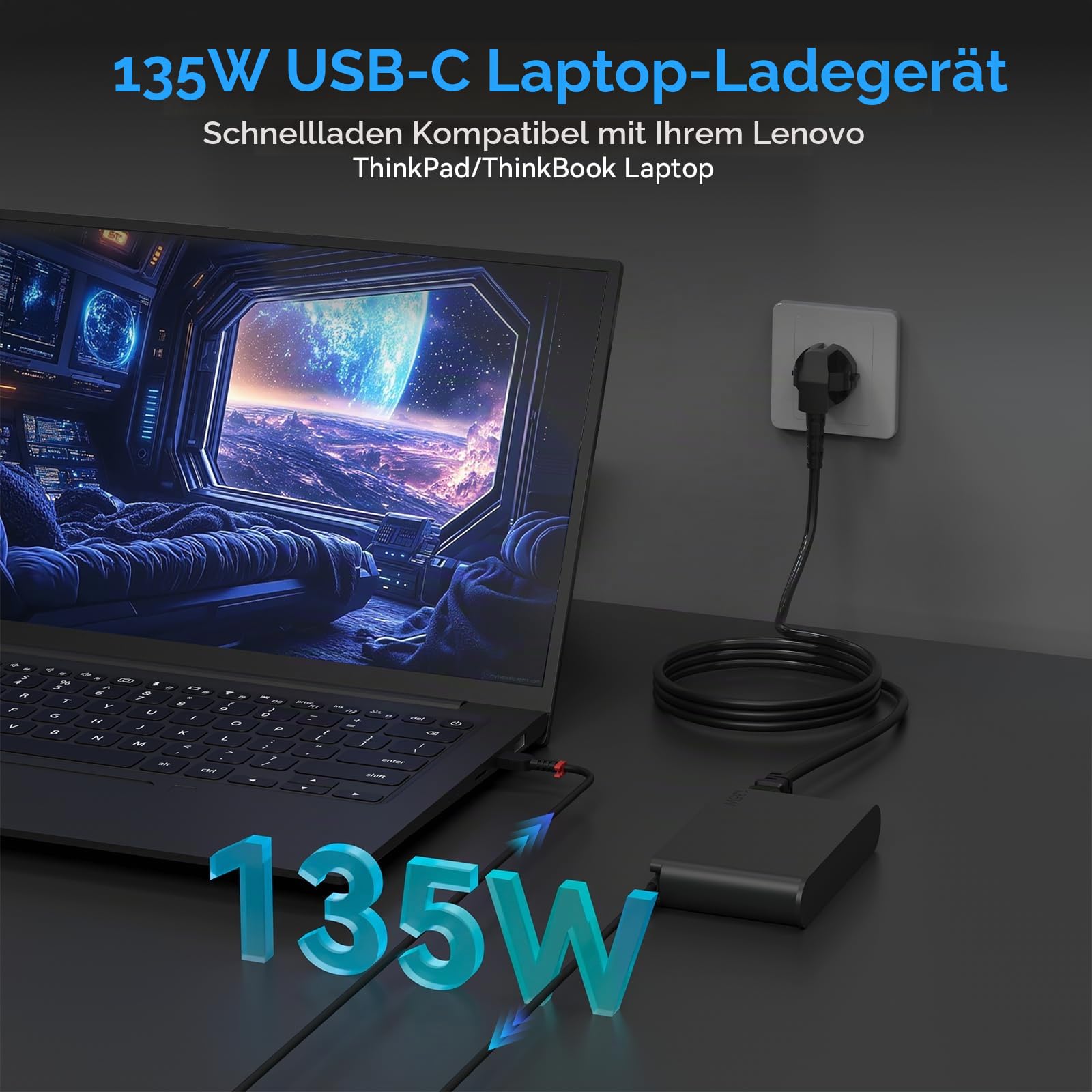 135W USB-C Netzkabel für Lenovo ThinkPad Z16 P16s P15s P14s E16 E15 E14 T16 Yoga/Slim Pro 9 7 6 7i 9i Book 9 ThinkBook 16 14p 14 15 14s 13x IdeaPad Slim/Pro 9 7 5 Legion 9 Laptop Ladegerät Ladekabel