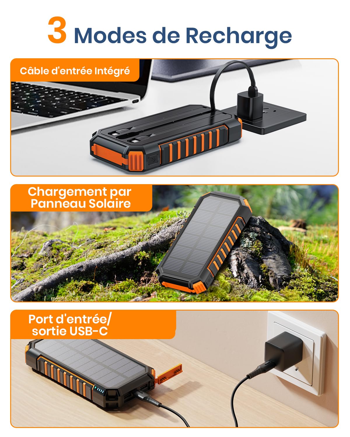 Hiluckey Batterie Externe Solaire 20000mAh, Chargeur Solaire Power Bank avec 3 Câbles USB C Charge Rapide, Chargeur Portable avec 3 Ports pour Téléphone, Tablette