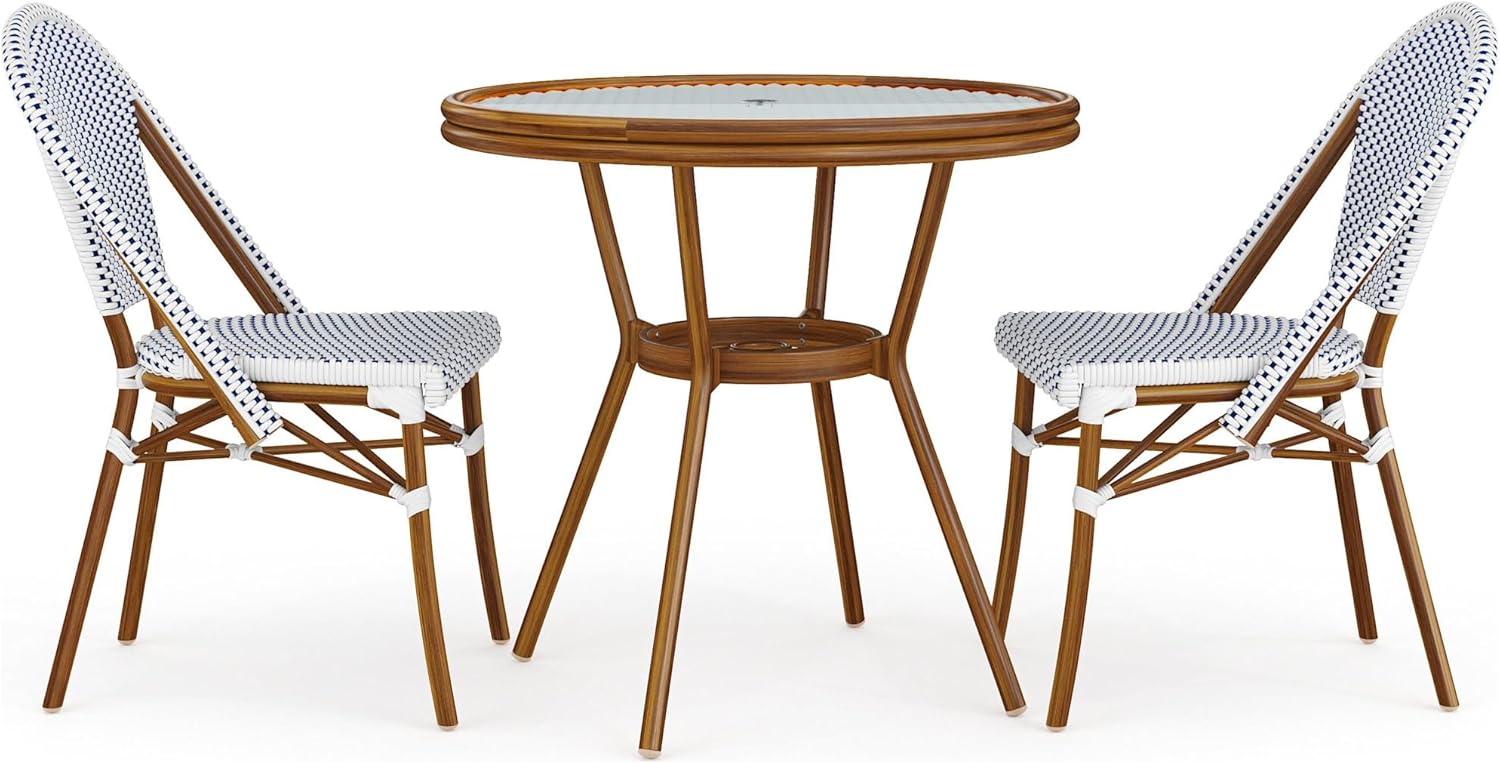 Martha Stewart Lily Pond 31” Round Indoor-Outdoor Bistro Dining Table with Aluminum Frame in Natural Woodgrain and Rattan Top in White/Navy with Tempered Glass Top