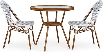 Martha Stewart Lily Pond 31 Round Indoor-Outdoor Bistro Dining Table with Aluminum Frame in Natural Woodgrain and Rattan Top in White/Navy with Tempered Glass Top