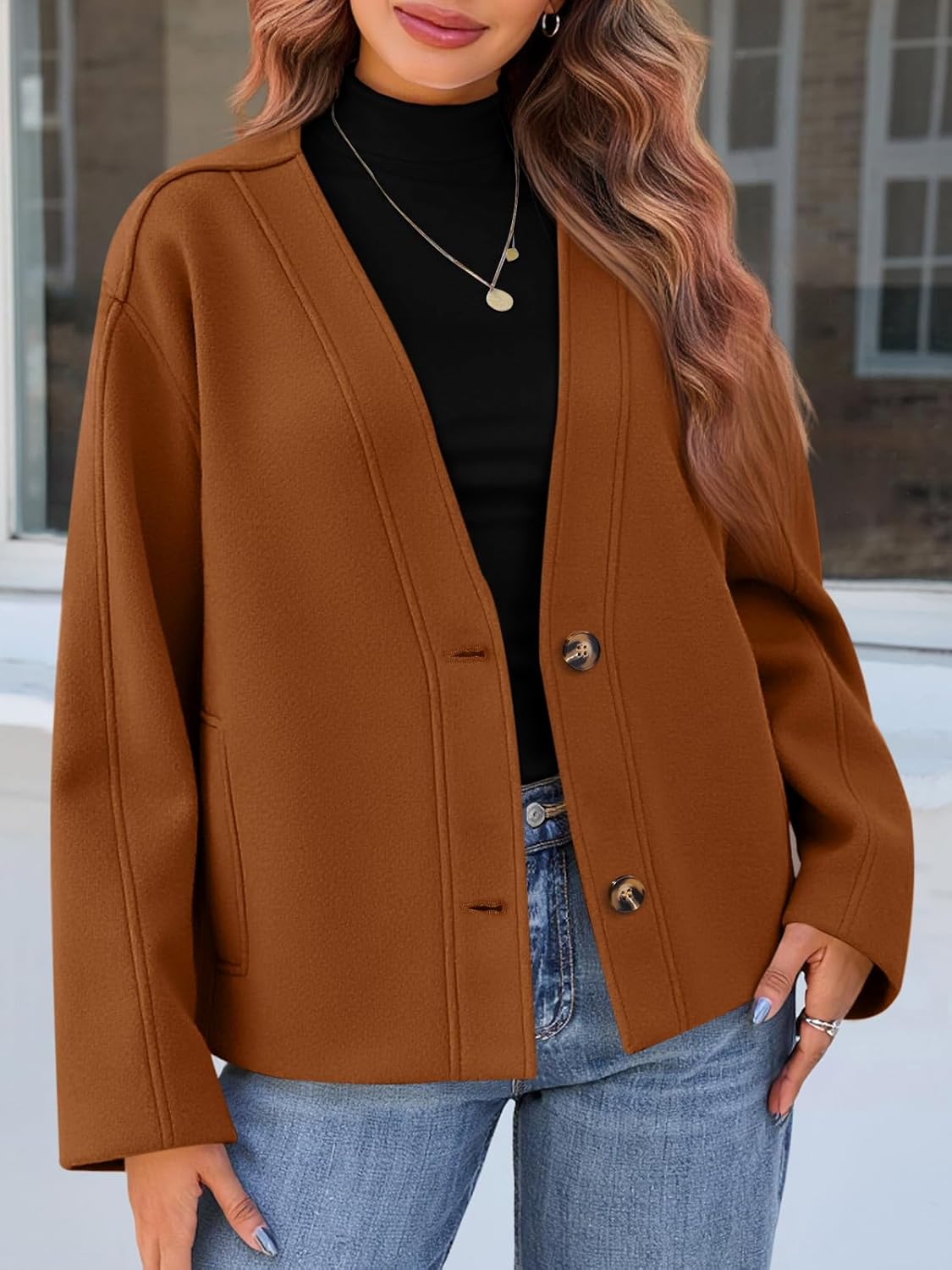 Yousify Womens Cropped Wool Blend Pea Coat Casual V Neck Button Down Short Jackets Fall Shackts with Pockets - Image 4