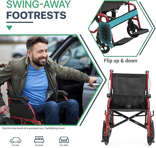 Miniatura 6 de Magshion Silla de ruedas de transporte plegable para adultos de 250 libras, silla de transporte ligera para personas mayores, silla de ruedas
