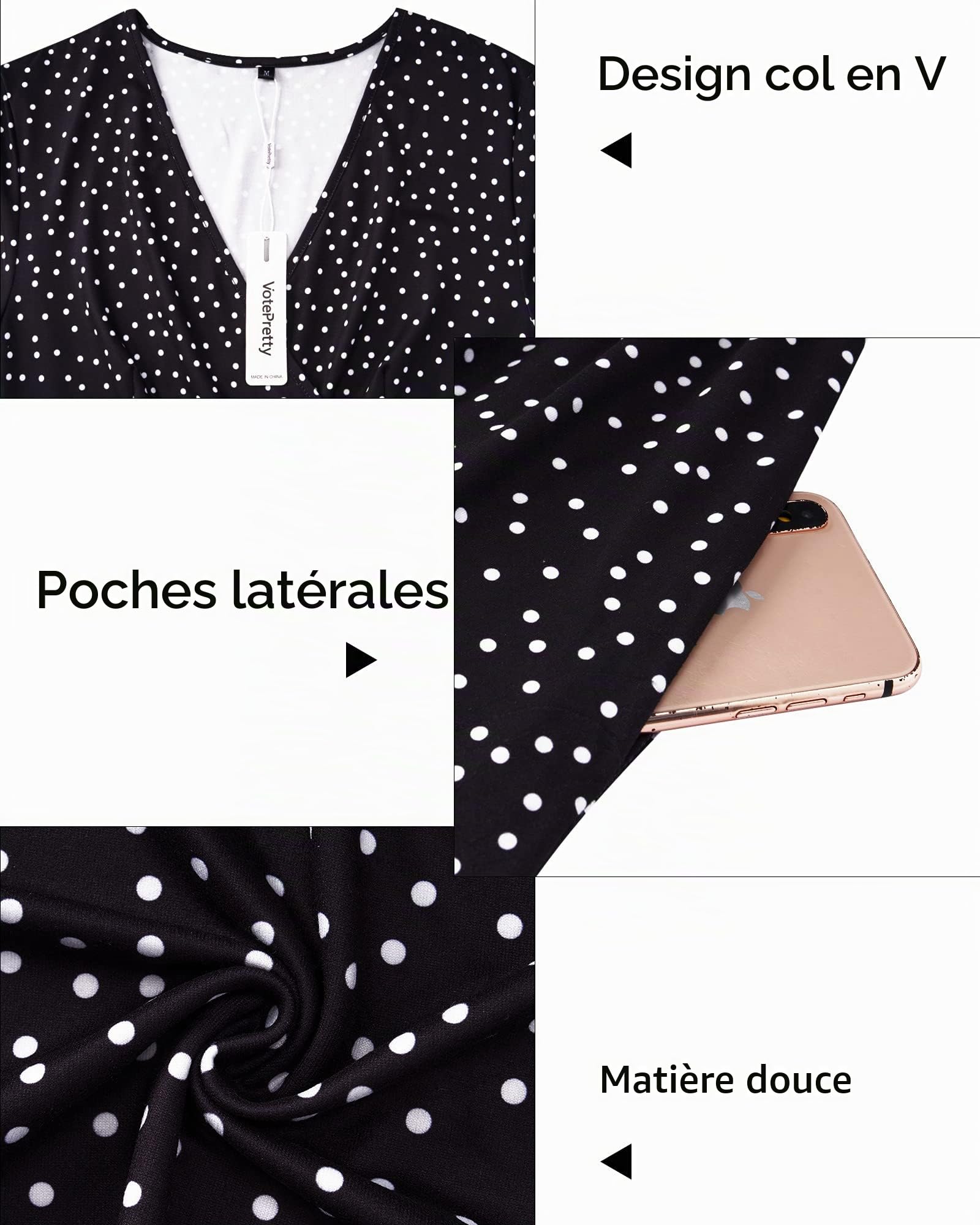 VOTEPRETTY Robe d'été mi-longue décontractée à manches courtes et col en V avec poches pour femme