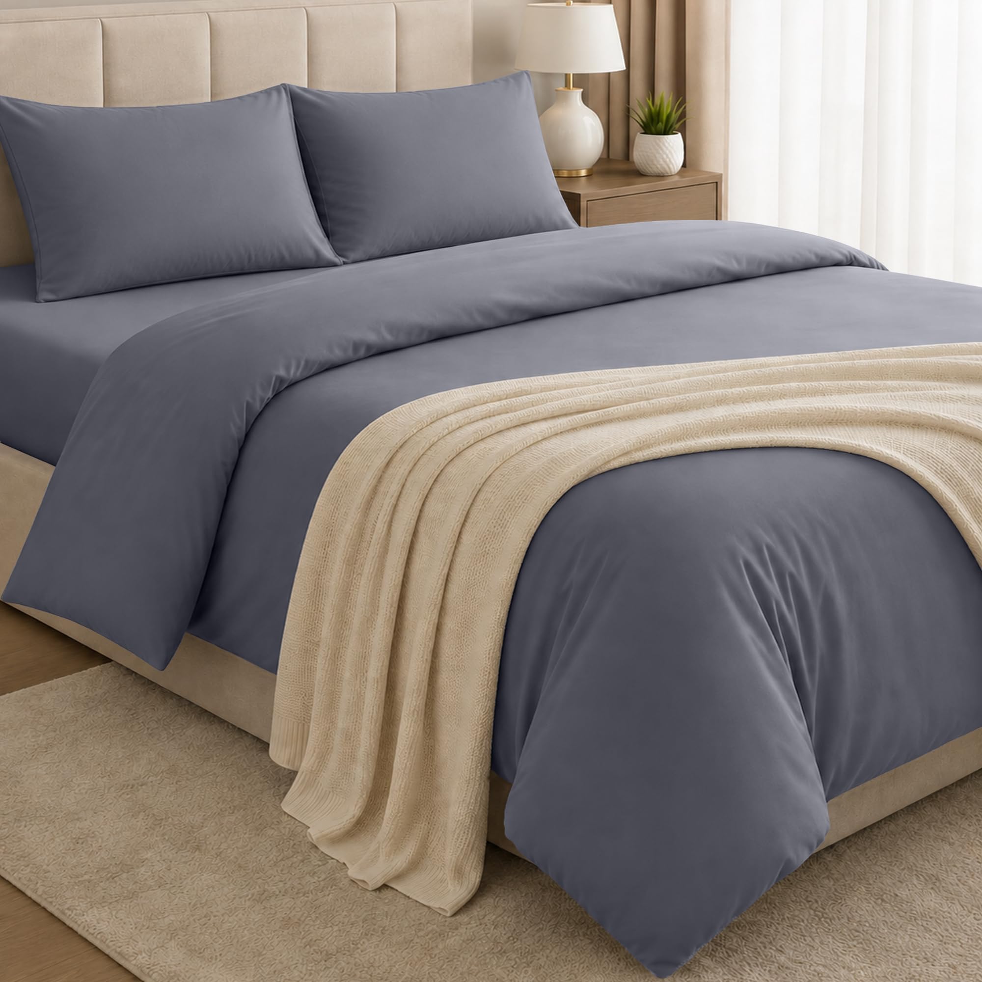 BEDIO Grey (4 Piece) Double Bedding Set - Duvet Cover, Fitted Sheet with 2 Pillow cases - Soft Brushed Microfiber Set
