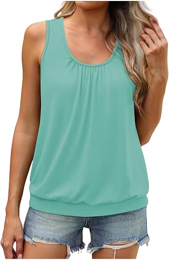 Womens Summer Tank Tops Casual Loose Fit Sleeveless Pleated Scoop Neck Shirts Beach Tunic Blouses