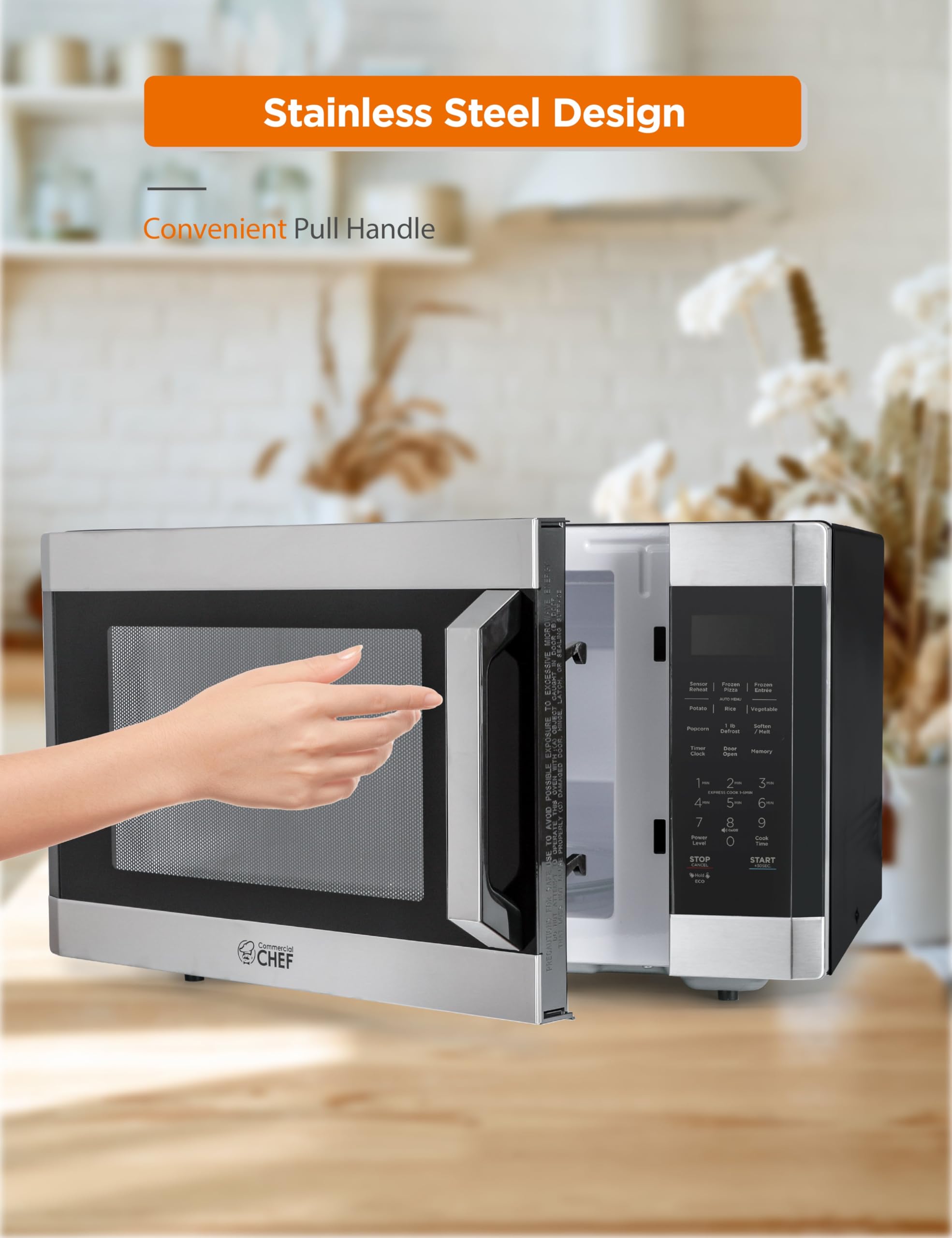 Microondas de 1.6 pies cúbicos con 10 niveles de potencia, microondas pequeño con mango de tracción para niños, microondas de 1100 vatios con paneles de control digital, acero 5