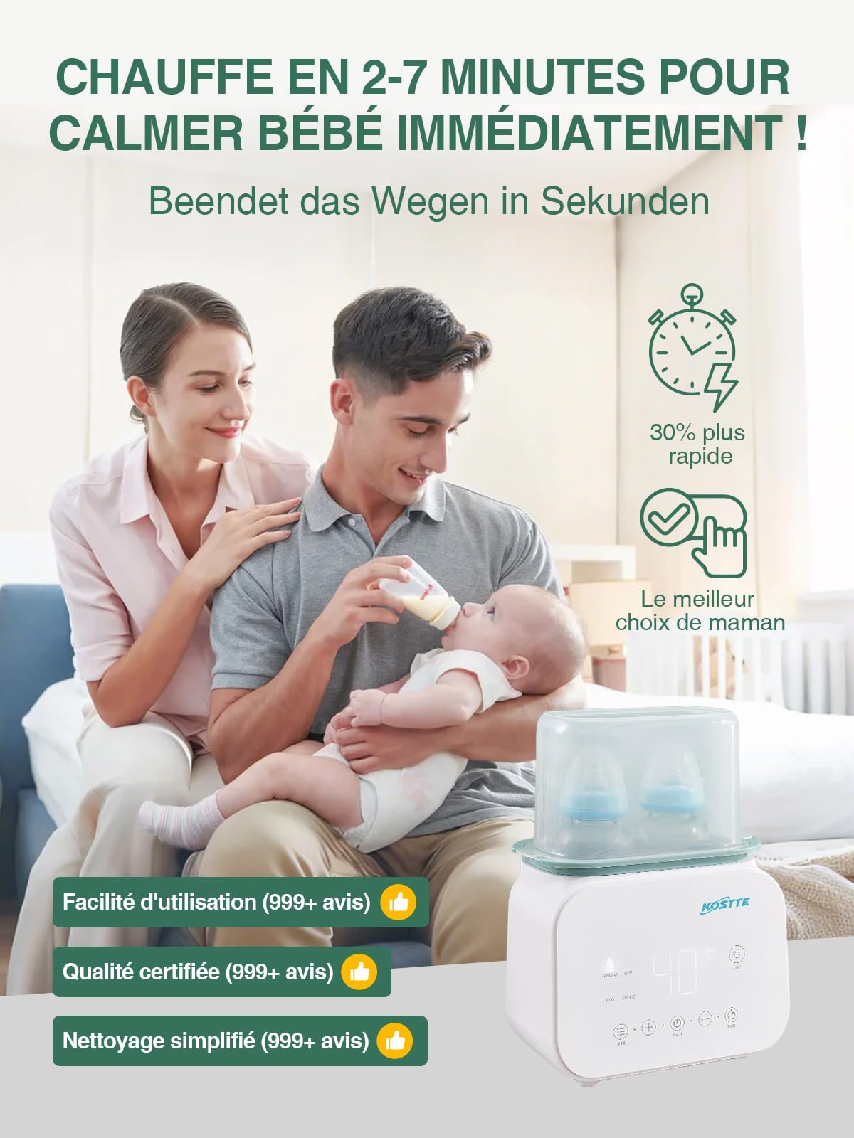 Chauffe Biberon, Chauffe-biberon pour bébé, Chauffe-biberon pour Lait Maternel, Chauffage des aliments pour Bébés, Intelligent de la Température et Arrêt Automatique, sans BPA
