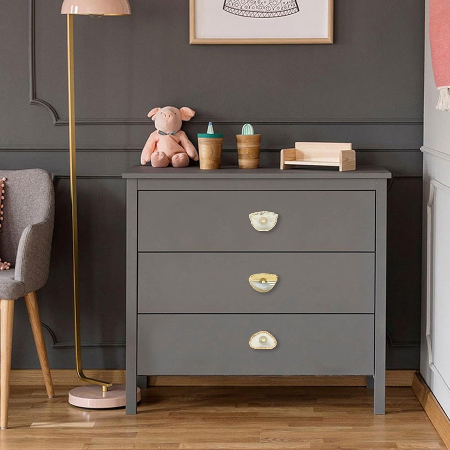 moonsix Set of 4 Agate Slice Cabinet Knobs with Screws, White Geode Stone Drawer Handles Decorative Dresser Pulls for Cupboard Closet Wardrobe