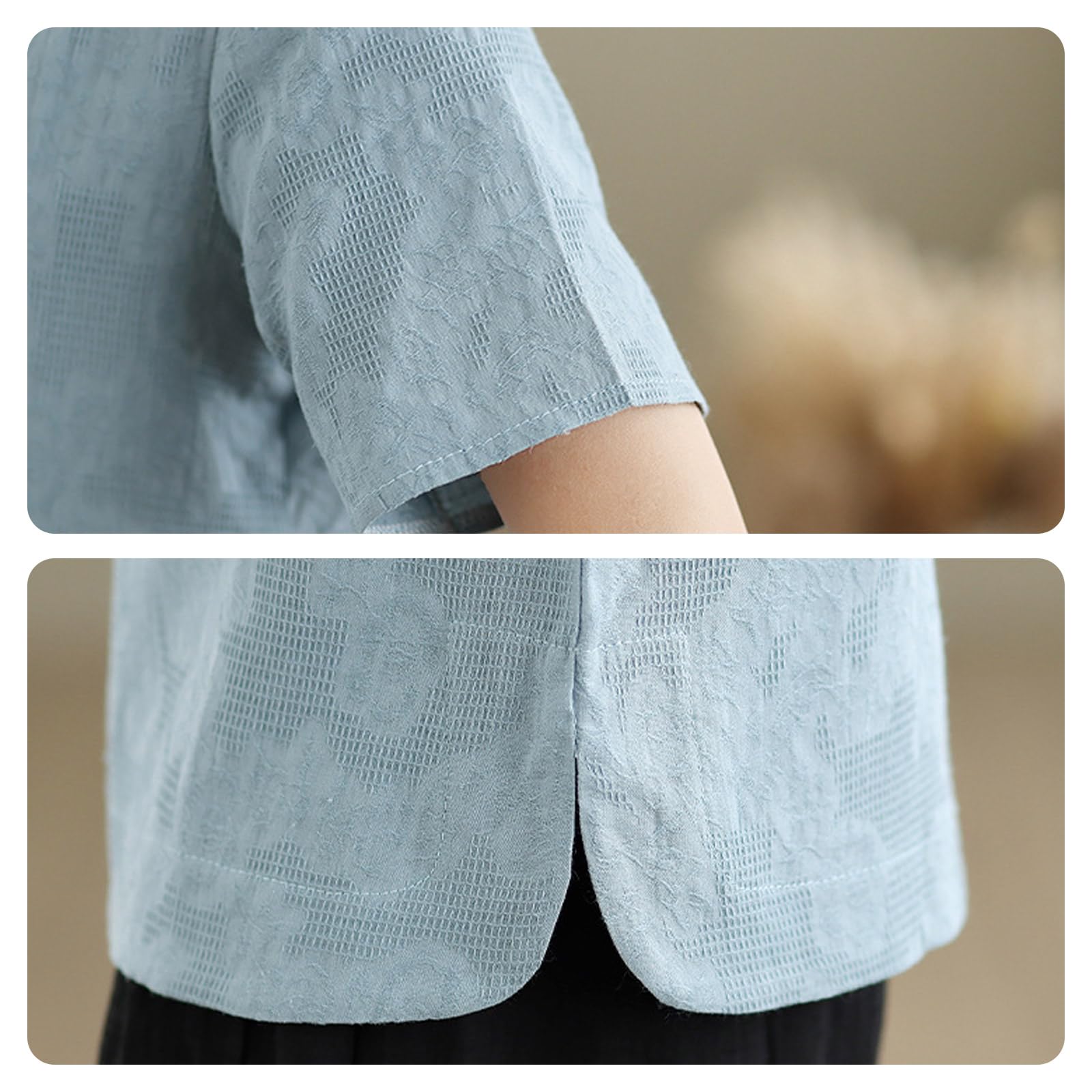 CHUIKUAJ Tenue de Tai Chi à Manches Courtes pour Femme, Ensemble Rétro en Coton et Lin, Tenue de Méditation Zen, Chemise Jacquard de Style Chinois + Pantalon Brodé