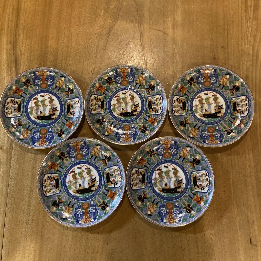 Arita Ware Yamato Deluxe Porcelain Imari Painting Dutch Ship Nanban Man Plate, Five Plates