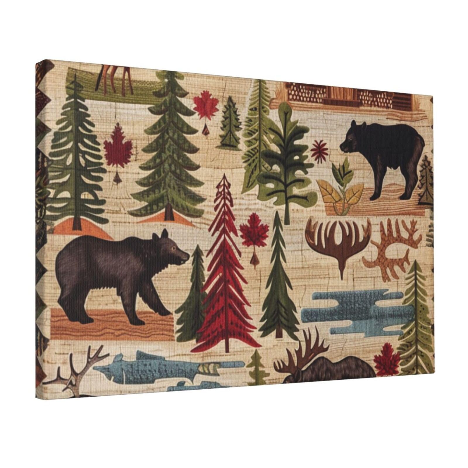 YKLJG Tree Bear Deer Printed Wall Art Canvas Prints 45x30 CM Wooden Framed Picture Painting Artwork for Bedroom Kitchen Home Office Decor