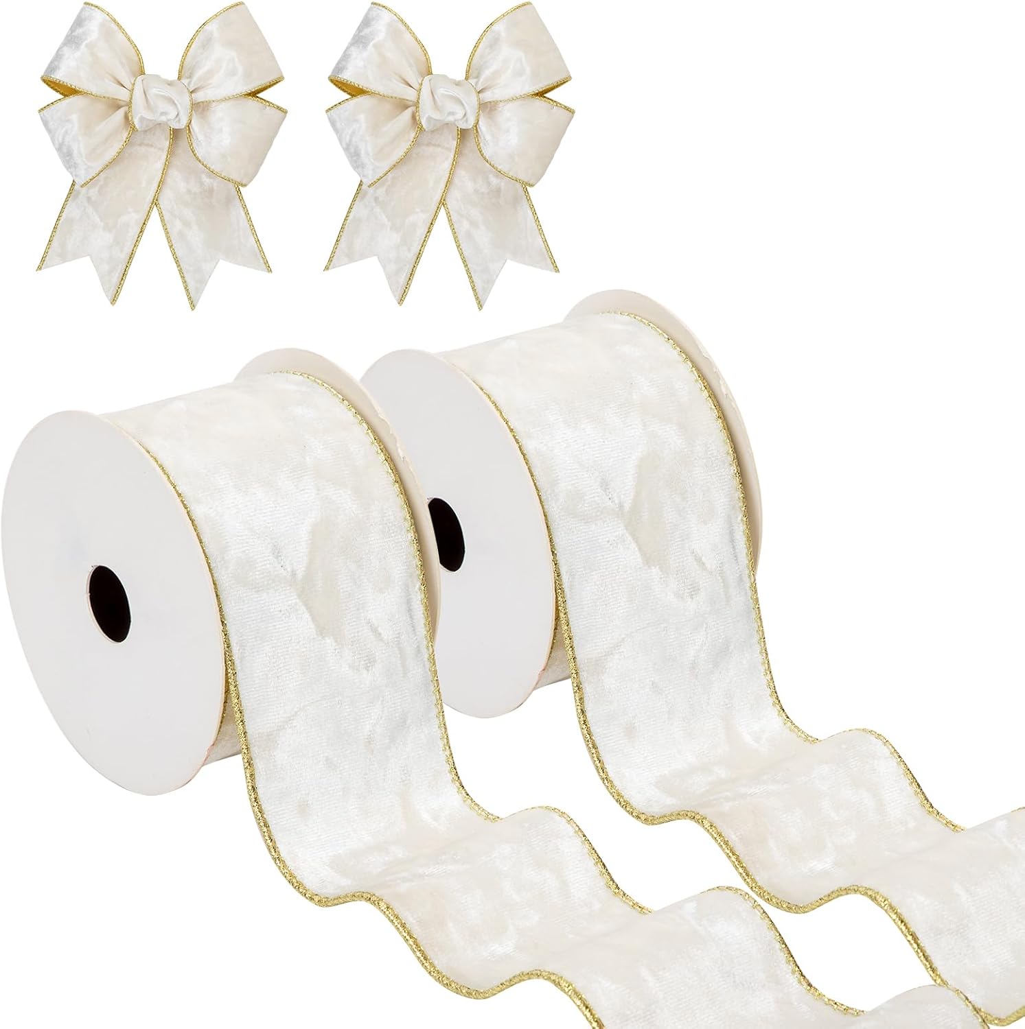 Briful White and Gold Velvet Christmas Ribbon 2.5 Inch Christmas Tree Ribbon with Metallic Wired Edge Velvet Ribbons for Gift Wrapping Wreaths Garland Big Bow Crafts Supplies(2 Rolls, 20 Yards)