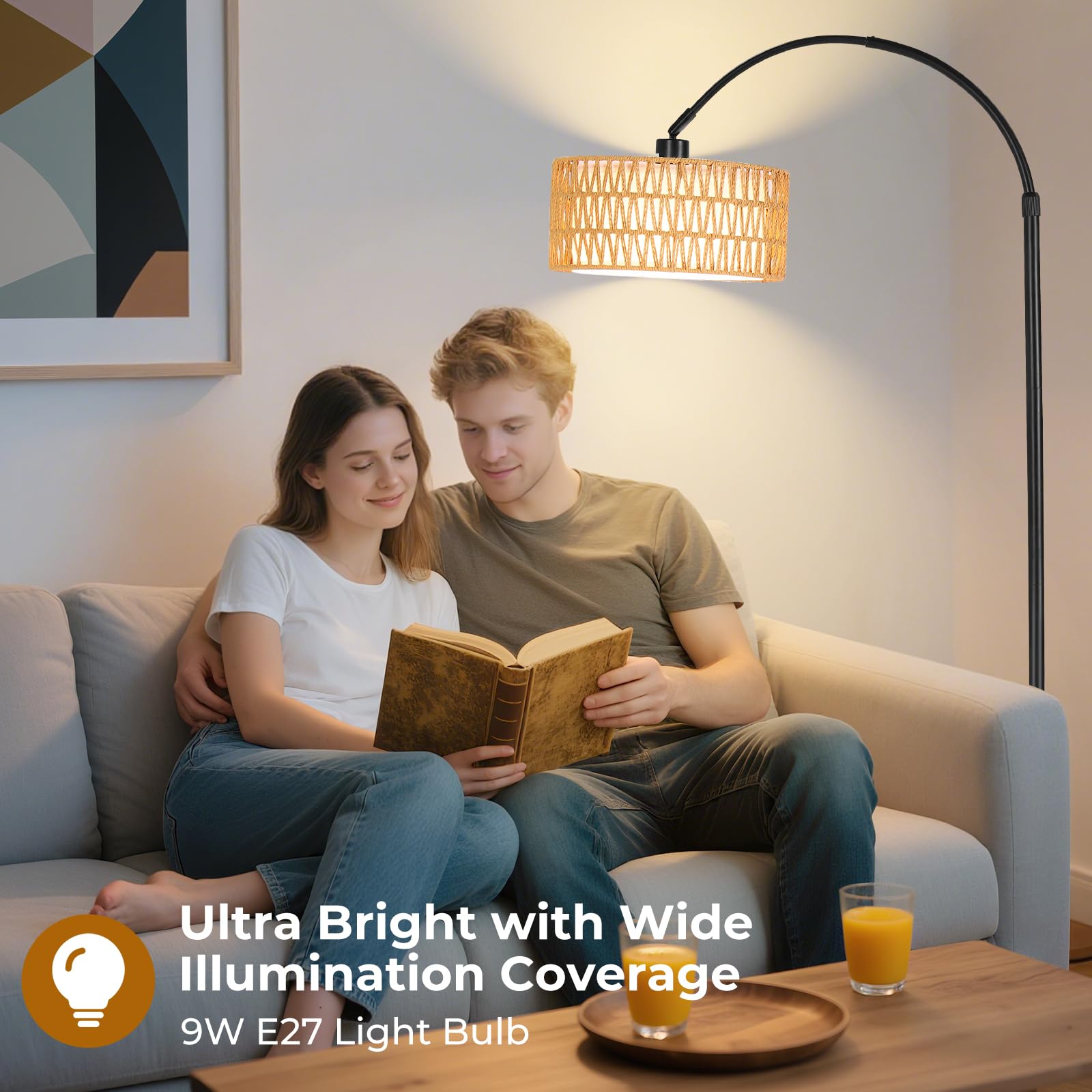 Lampada da Terra ad Arco LED - 9W 900LM Piantana da Lettura Regolabile con Telecomando & LED E27 per Soggiorno, Camera da Letto, Ufficio - Nero