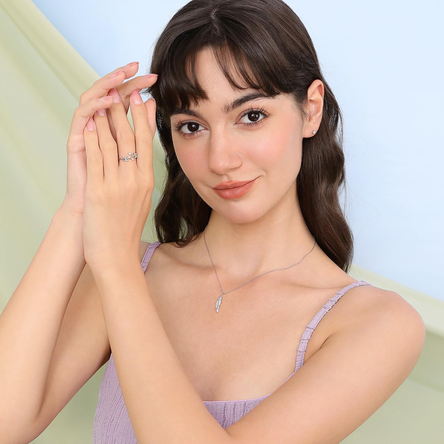 Meissa Sterling Silver Ring for Women Wrap Around Olive Leaf Branch Ring Adjustable Handmade Ring Paved Cubic Zirconia Stone Stackable Open Rings