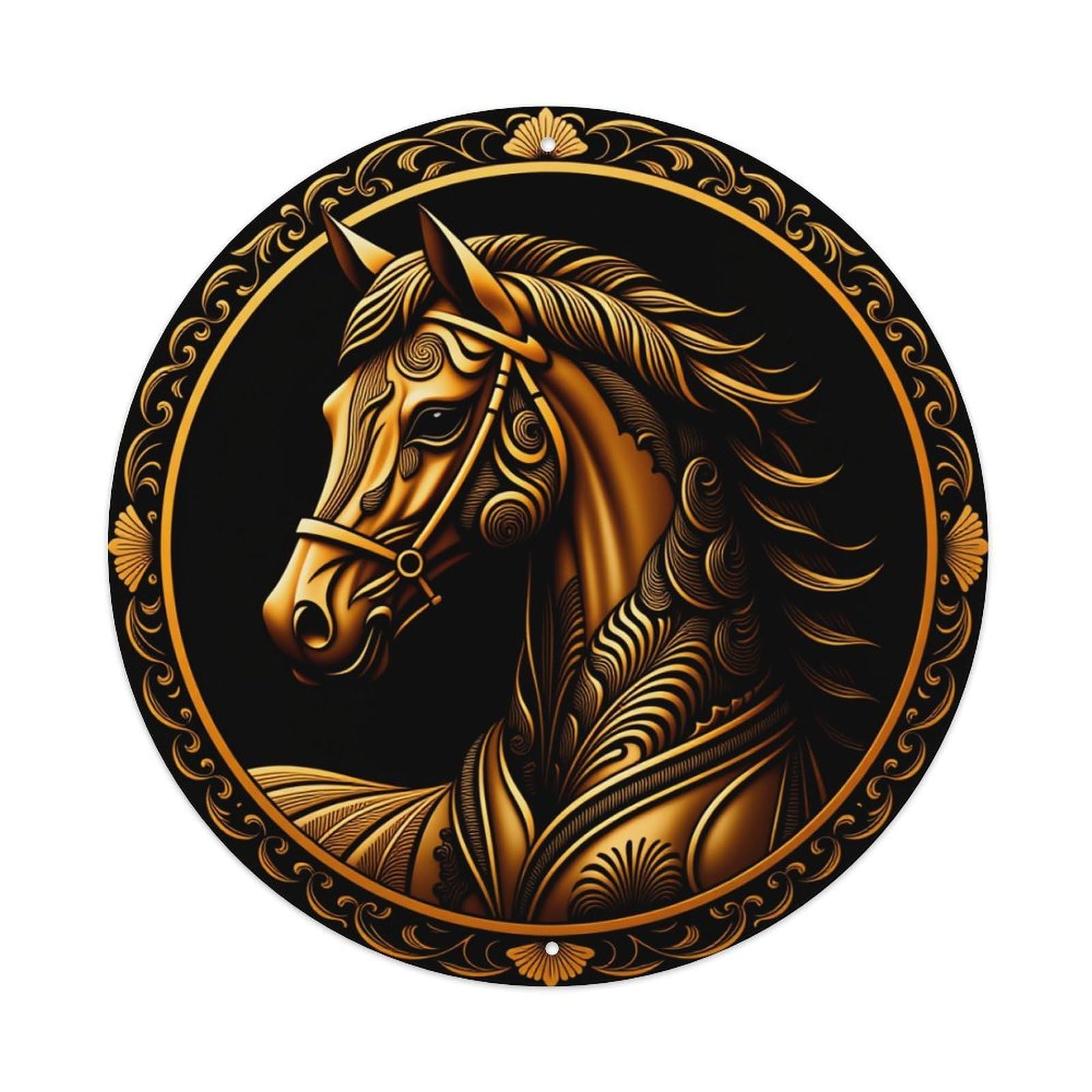 Golden Horse With Intricate Patterns And Ornate Art Round Vintage Tin Sign,Retro Wall Art,Metal Poster for Home, Bar, Garage, Cafe, Rustic Indoor & Outdoor Decor, 8x8 Inches