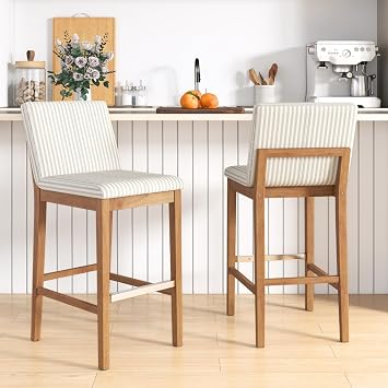 chairus 26" Modern Counter Height Bar Stools Set of 2, Farmhouse Linen Upholstered Counter Stools with Back & Metal Footrest, Wooden Kitchen Island Bar Chairs, Khaki Stripe