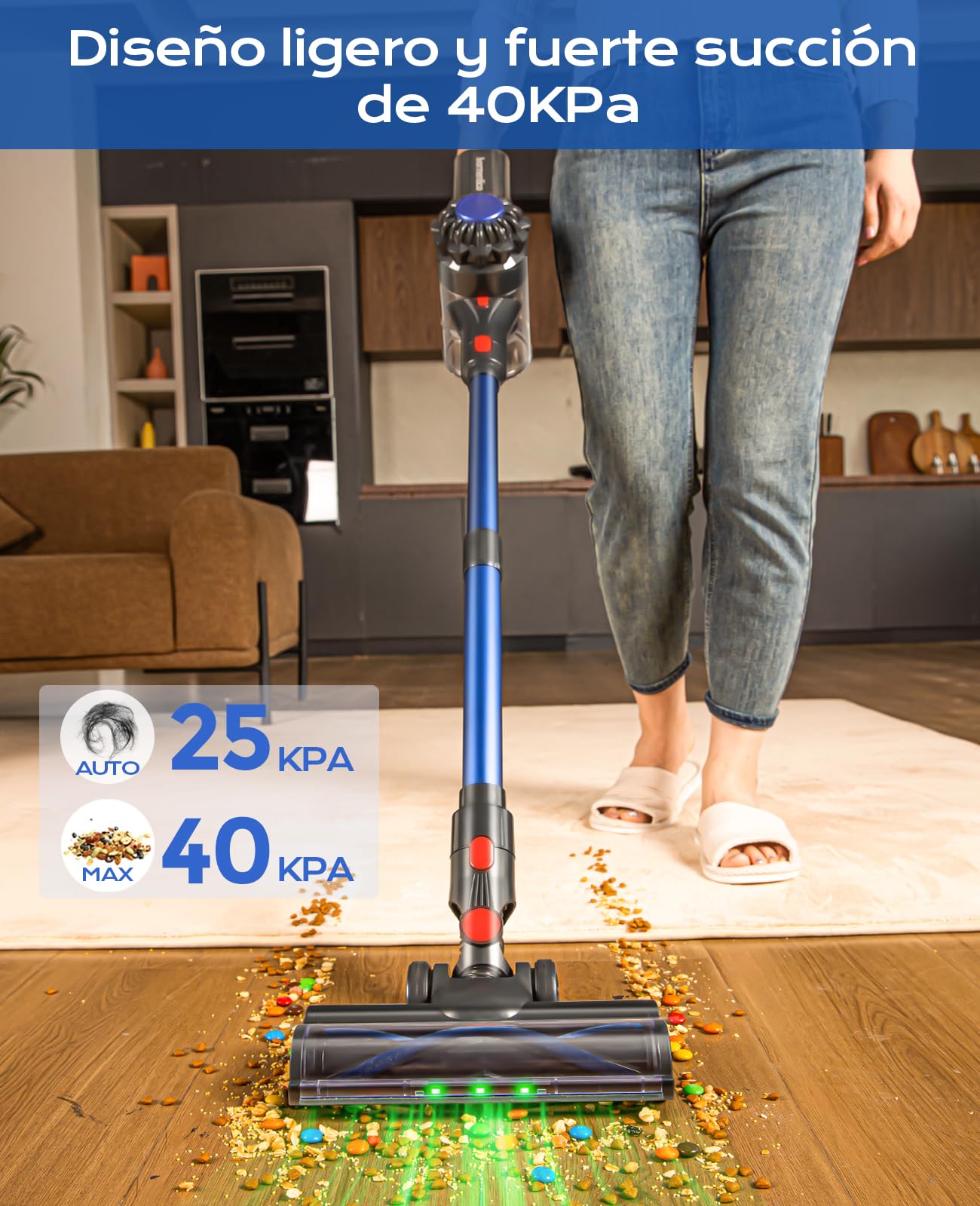 50Mins Aspiradora sin Cable, 40KPA Aspirador sin Cable, 450W Escoba Aspiradora sin Cable con Cepillo para Suelos Mejorado, Aspirador Vertical con LED Verde, para Suelo/Pelo, Azul