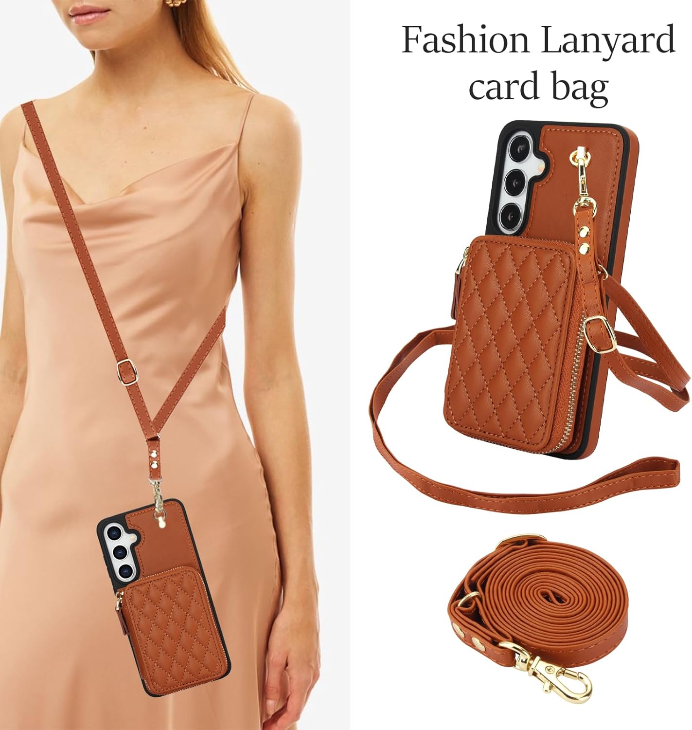 Phone Case for Samsung Galaxy S24 Plus S24+ 5G Wallet Cell Cover with Tempered Glass Screen Protector Wrist Crossbody Strap RFID Blocking Card Holder S24Plus 24S + S 24 24+ SM-S926U Women Girls Brown