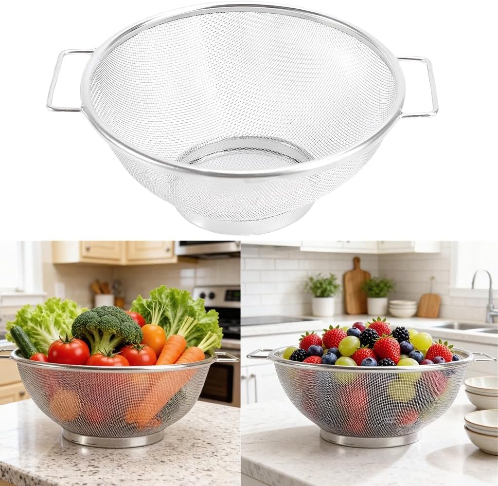 Mesh Colander Stainless Round Edges Double Handle Strainer Basket For Kitchen
