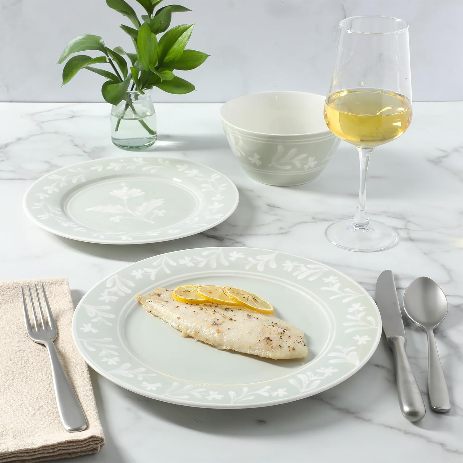 Martha Stewart Maiden Crown 12-Piece Sage Green Dinnerware Set – New Bone China Ceramic Plates & Bowls – Floral Design – Service for 4 – Microwave & Dishwasher Safe - Image 7