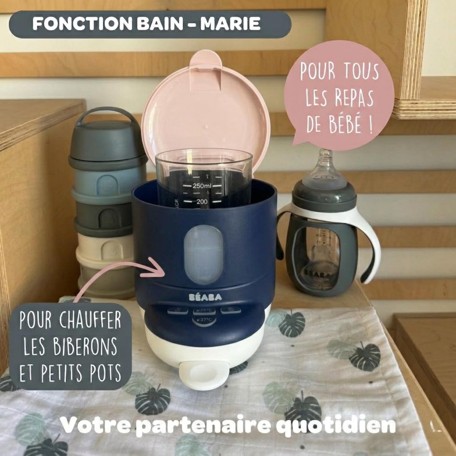 BÉABA, Préparateur-Chauffe Biberon/Petits Pots, Distributeur d'eau à Température Exacte, Instantané, Rapide, Fonction Bain Marie, 2 Températures, Chauffe biberon Amovible, Bib'Expresso, Bleu Nuit