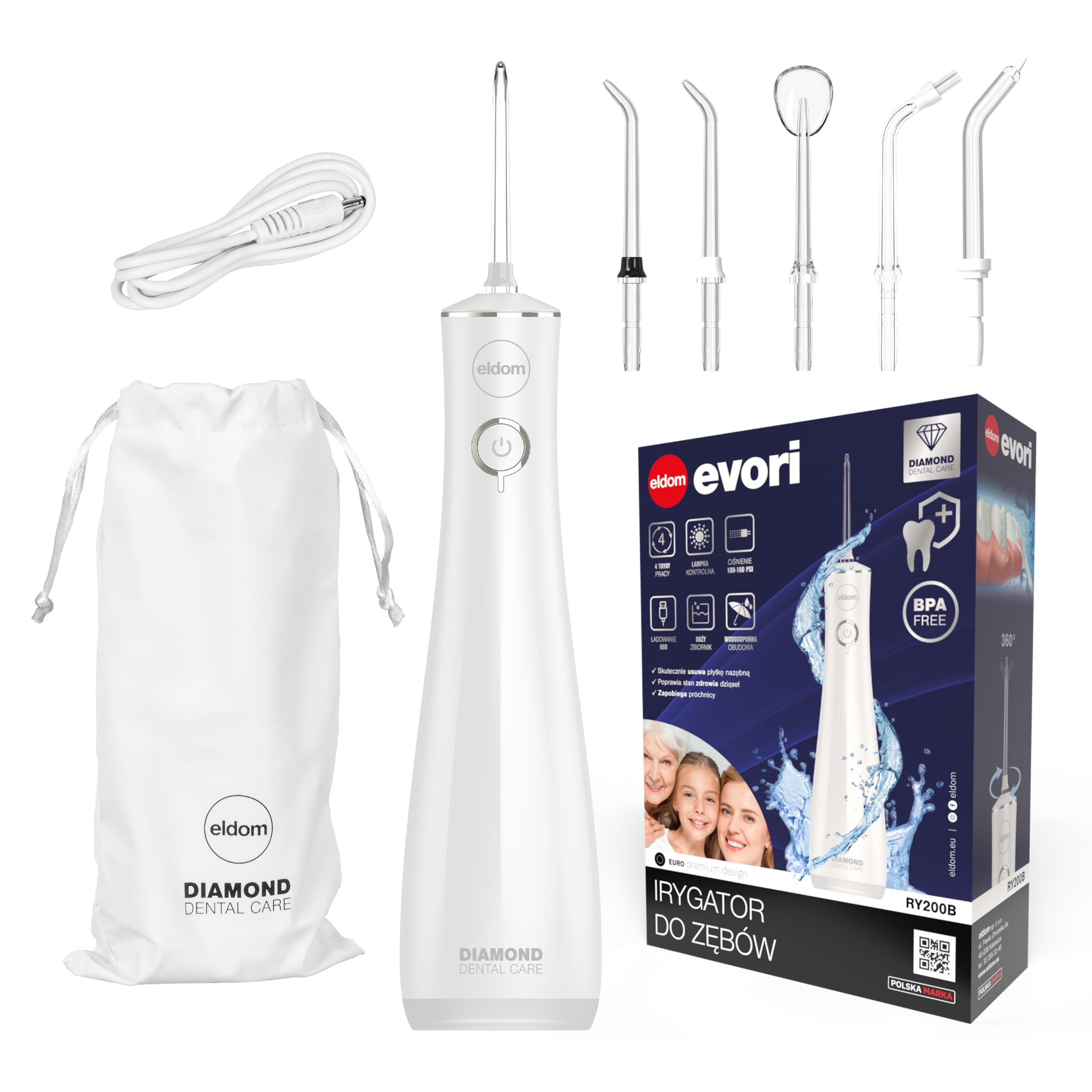 Irrigatore orale senza fili con 4 modalità, 160 PSI, serbatoio da 230 ml, 5 ugelli, IPX7 impermeabile, ricaricabile tramite USB, per spazi interdentali e parentesi graffe, RY200B Eldom