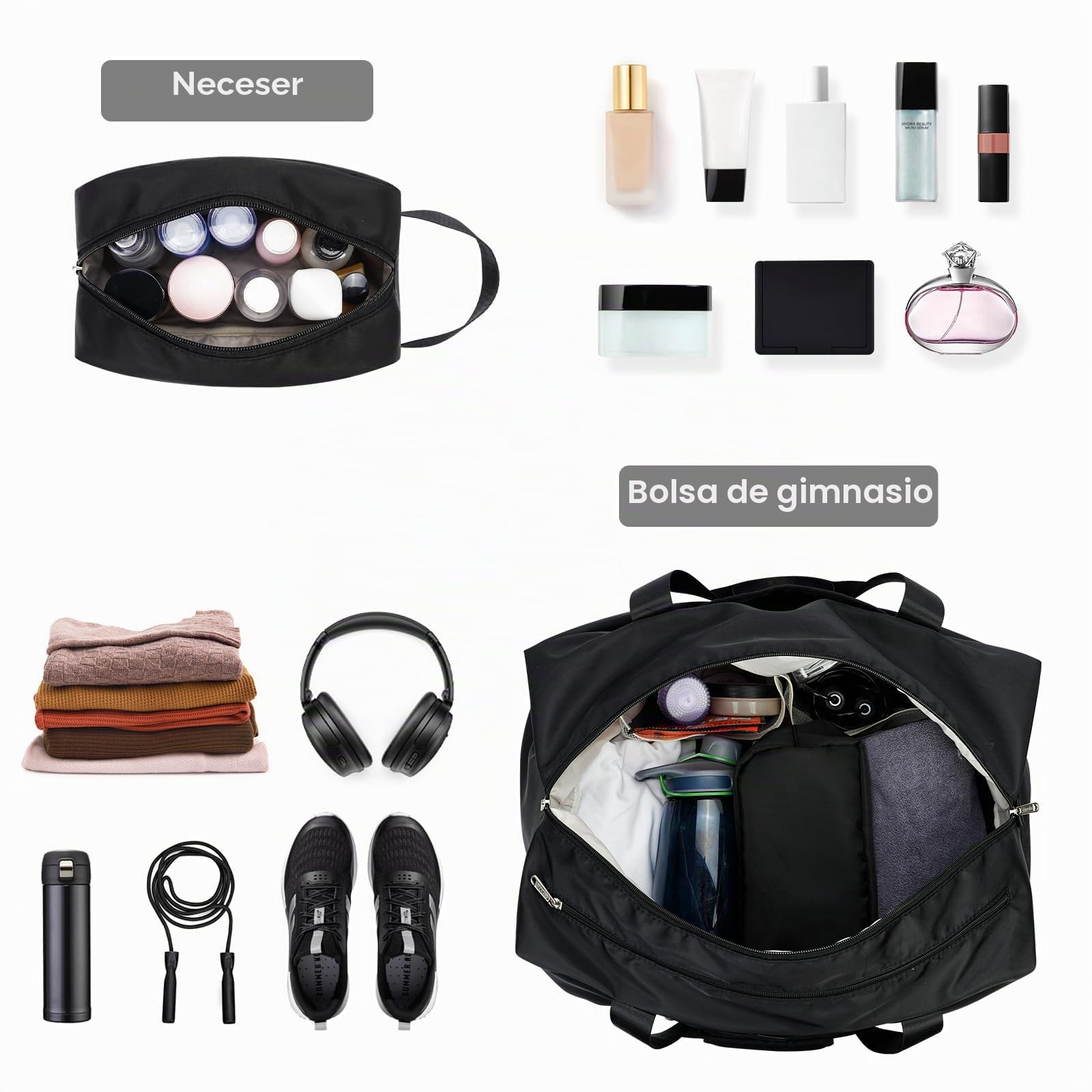 Ceneda Bolsa de Deporte clásica con Compartimento para Zapatos y Compartimento húmedo, portátil, Bolsa de Fin de Semana, Bolsa de Viaje, Bolsa de Yoga, para Hombre y Mujer (Negro)