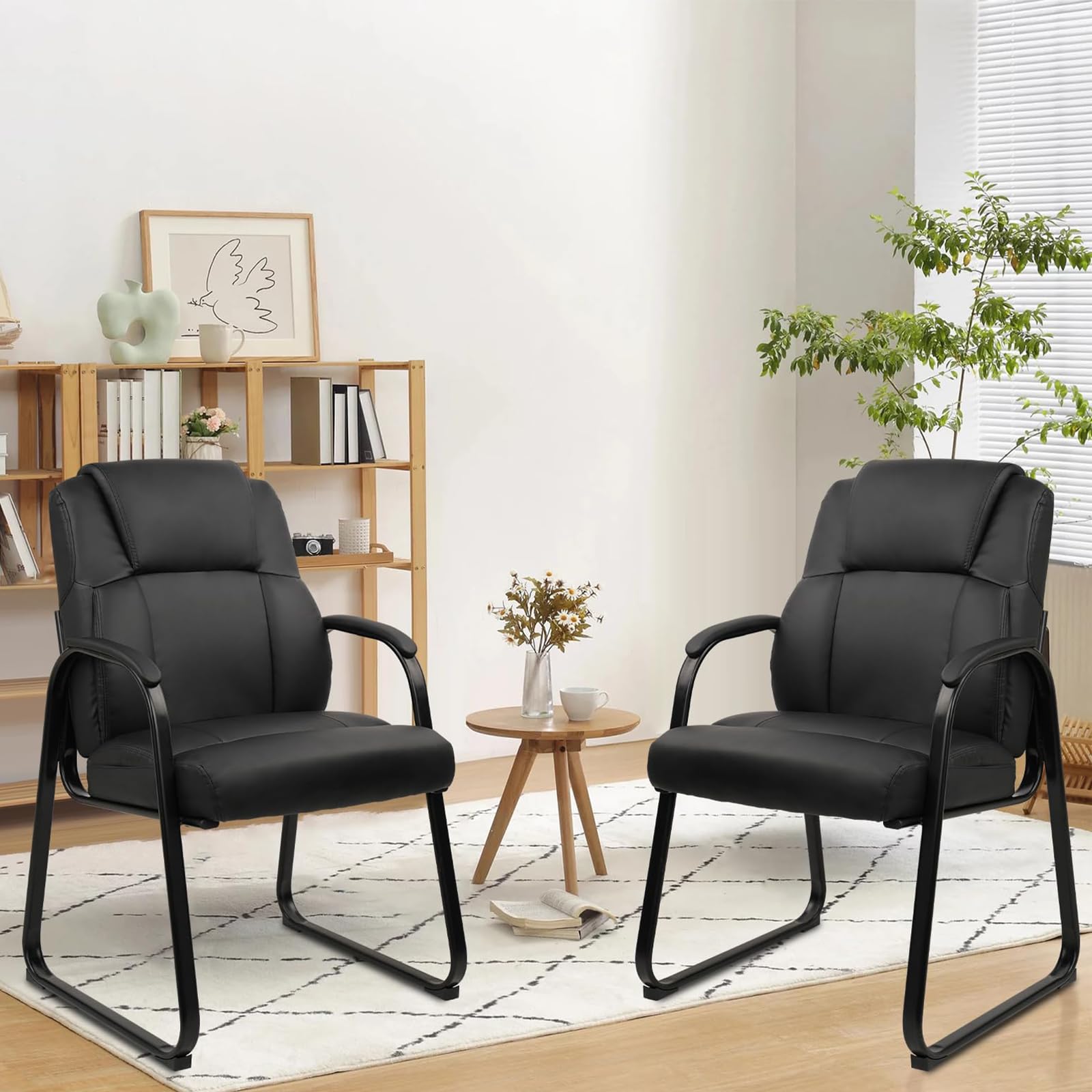 CLATINA Ergonomic Black Guest Chair with Arms Set of 2- Office Reception & Conference Seating, PU Leather Meeting Chairs with Sled Base for Waiting