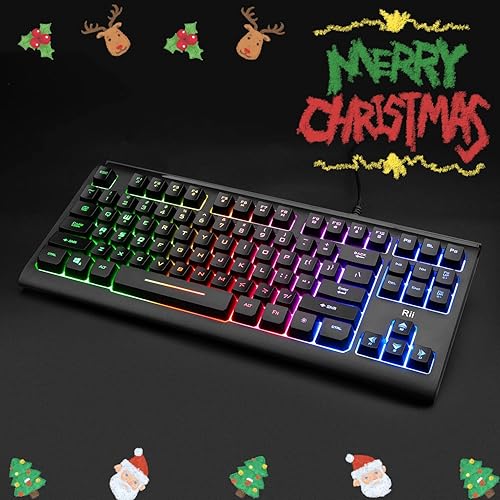 Miniatura 2 de Rii Teclado de computadora, teclado compacto USB con cable con retroiluminación RGB, pulsación de teclado silenciosa para oficina en casa, trabajo o