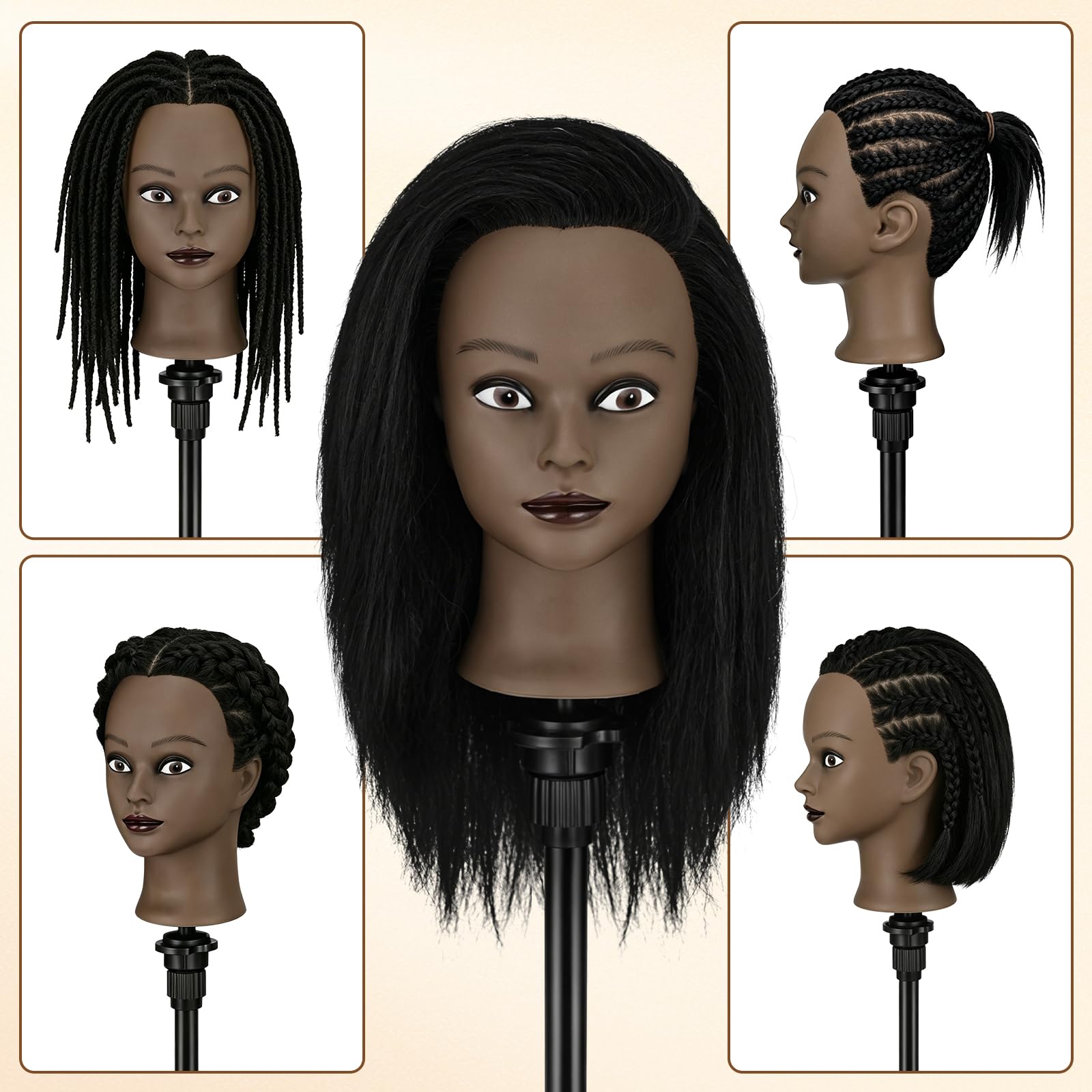 TwoWin 16 Zoll /40 cm Afro Trainingsköpfe für Friseure, Frisierkopf mit 100% Echthaar, Übungskopf Afrikanischer Friseurkopf Puppenkopf mit Tischhalter + Haar Styling Braid Set (Schwarz)