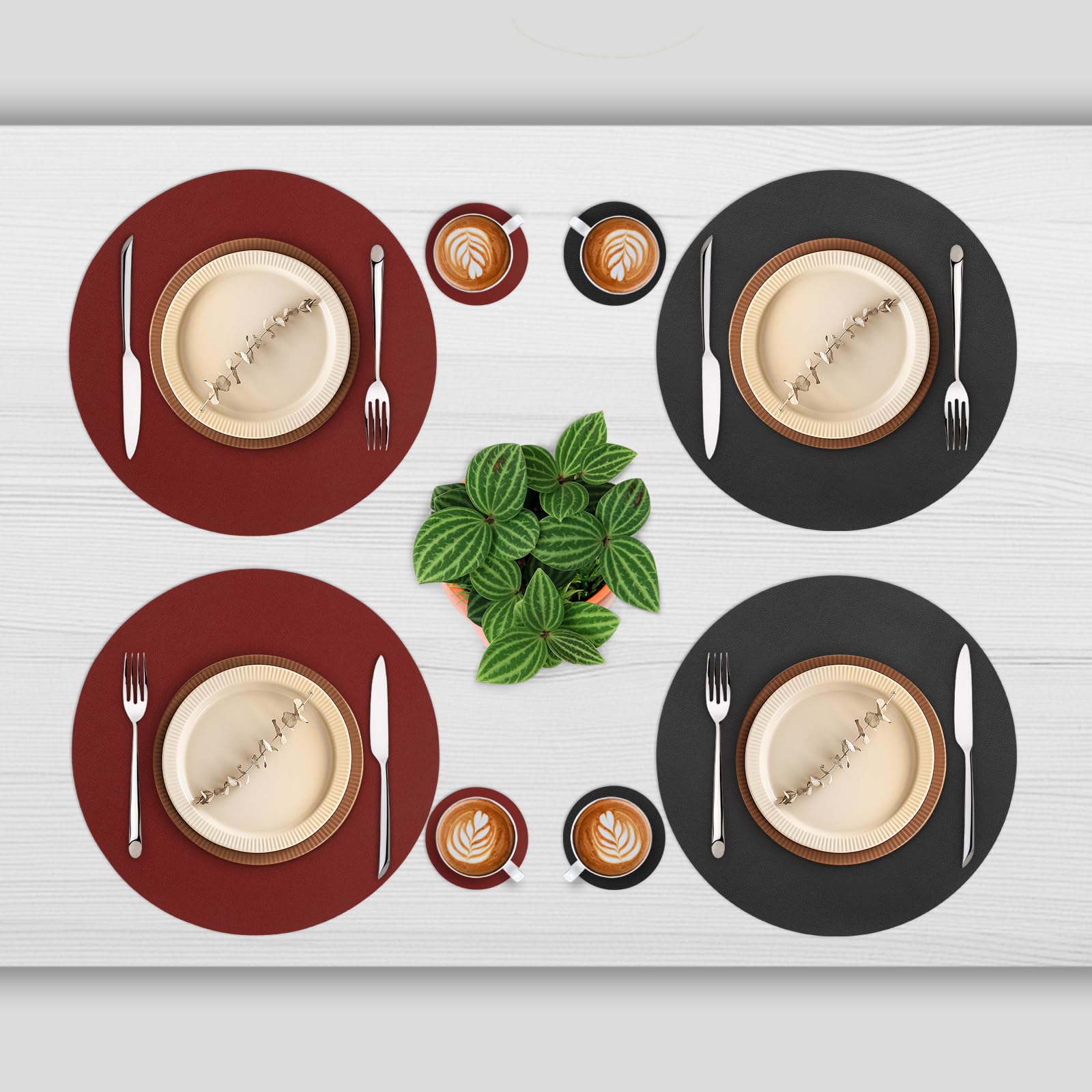 Myir JUN Round Table Placemats Set of 4 Faux Leather Place Mats and Coasters 15 inch Round Dual Sided Placemats Non-Slip Wipe Clean Stain Resistant (Red Black,Set of 4) - Image 2