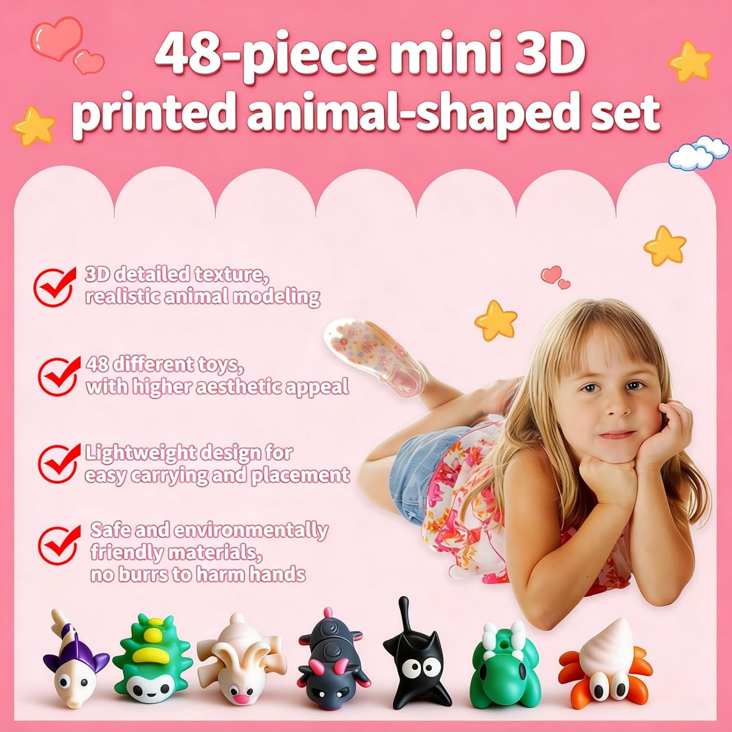 SHULI 48 Pack 3D Printed Animal Set, Fidget Sensory Toys for Kids & Adults, Eco-Friendly PLA Mini Figurines, Easter Basket Stuffers & Party Favors for Classroom Rewards