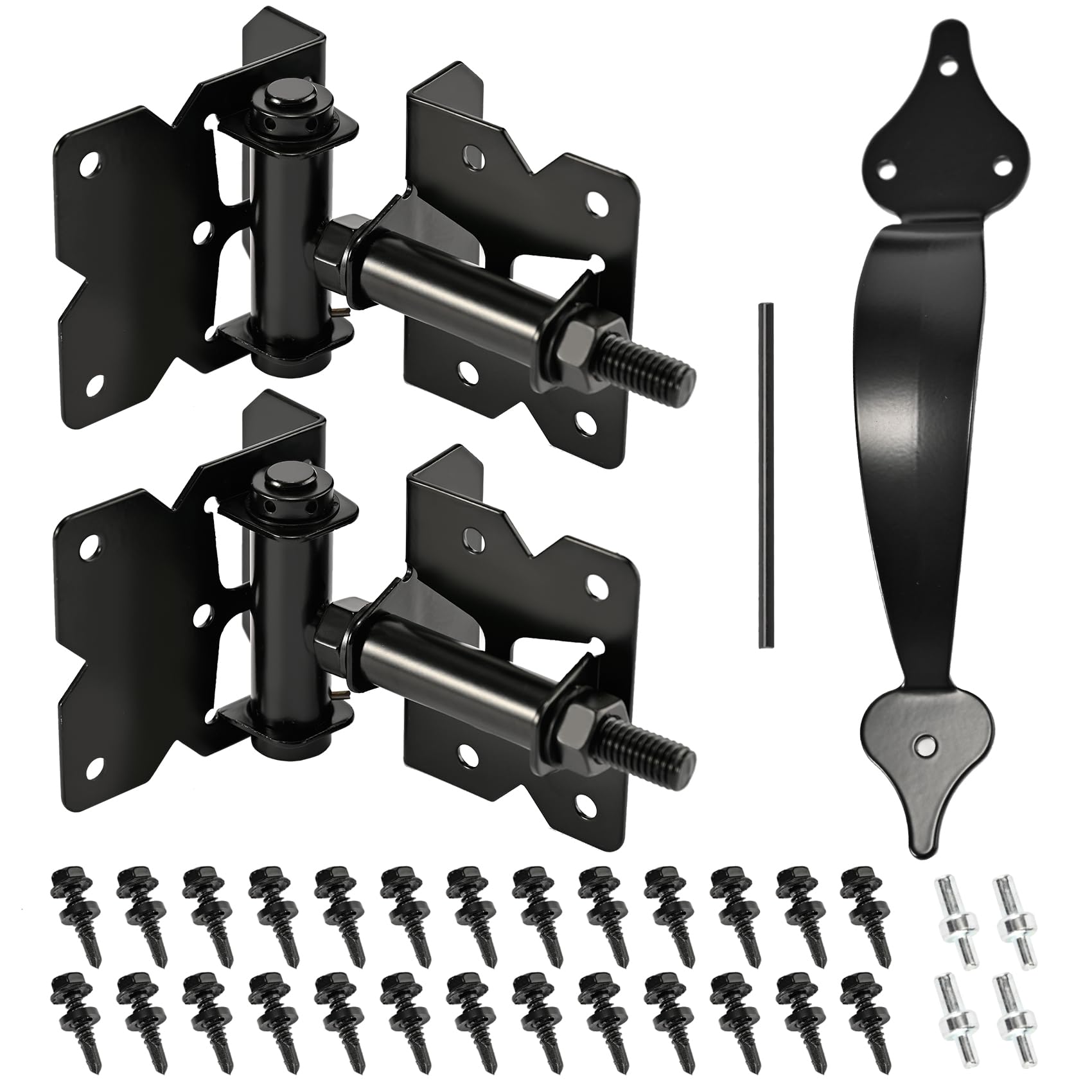 2 Pack Self Closing Gate Hinges - Heavy Duty Gate Hinges for Wooden Vinyl PVC Fences for Garden Backyard Gate - 90 Degree Adjustable Gate Hinges with Door Handle Installation Screws
