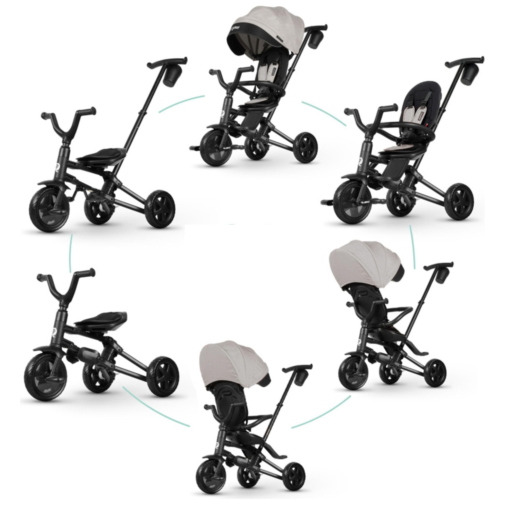 Triciclo evolutivo pieghevole QPLAY Nova Niello 6 in 1, fronte strada e fronte mamma, reclinabile, adatto a bambini dai 10 ai 72 mesi, portata fino a 25 kg, telaio in alluminio leggero