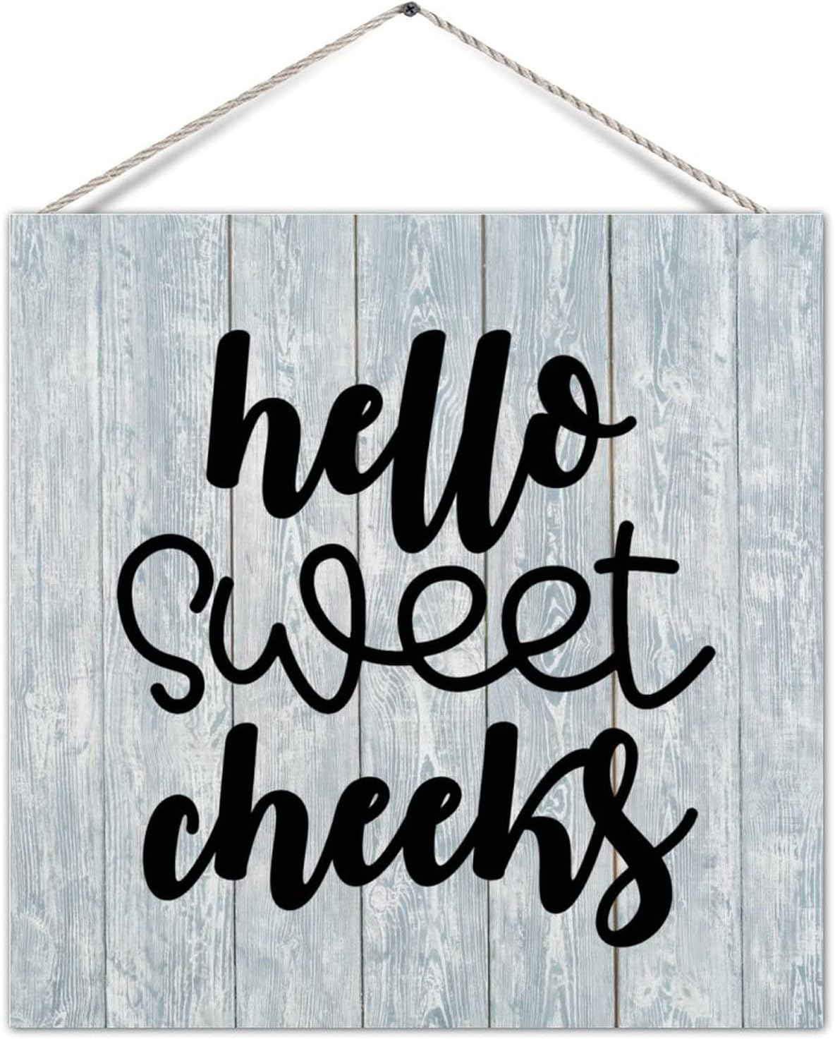 Aesthetic Farmhouse Bathroom Sign Hello Sweet Cheeks Wood Door Hanger Sign Wall Pediment Classic Style Bathroom Decorations Wall Decor for Restroom Washroom 12in