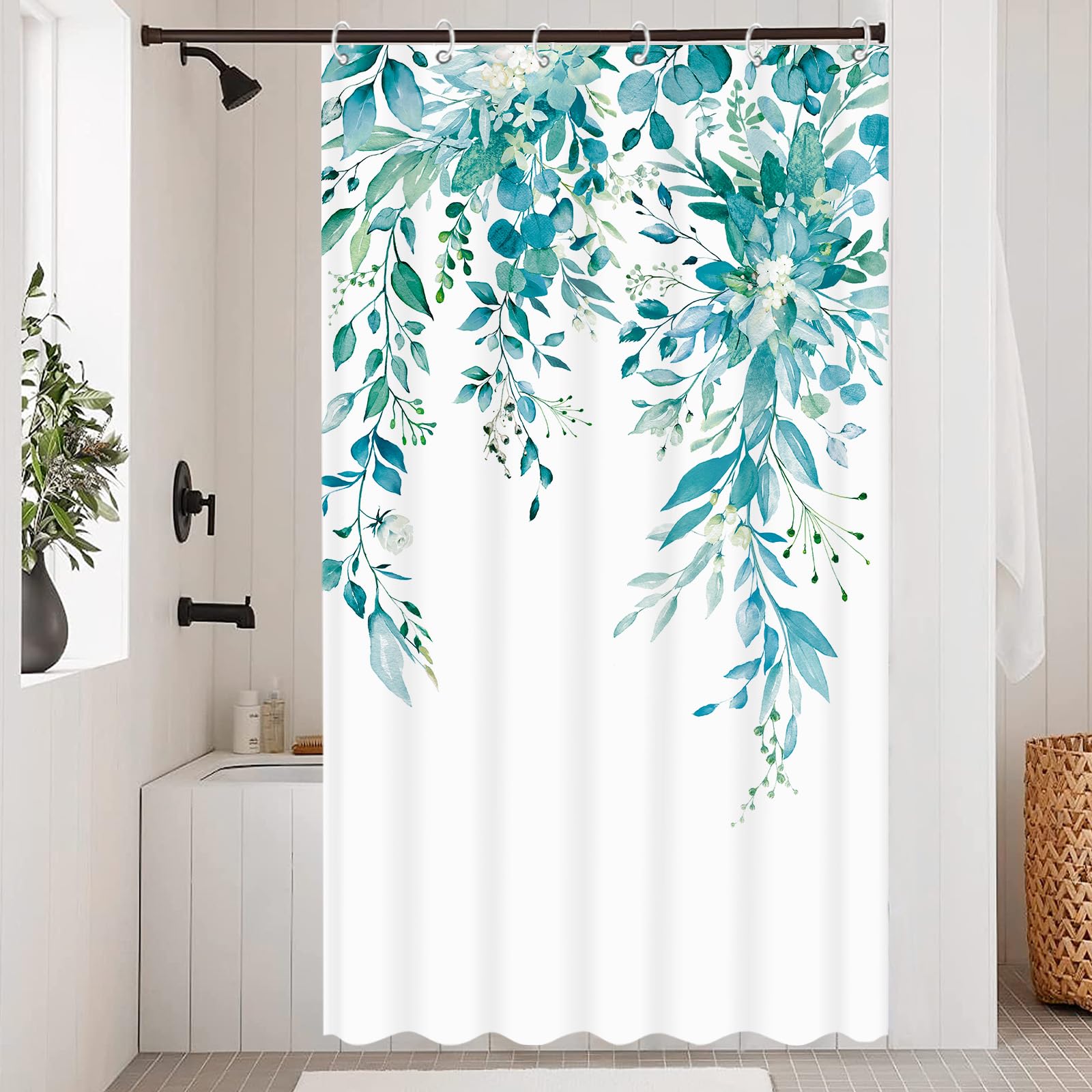 Zussun Stall Teal Eucalyptus Shower Curtain Set Watercolor Floral Plant Leaf Shower Curtains for Bathroom Botanical Flower Waterproof Fabric Bath