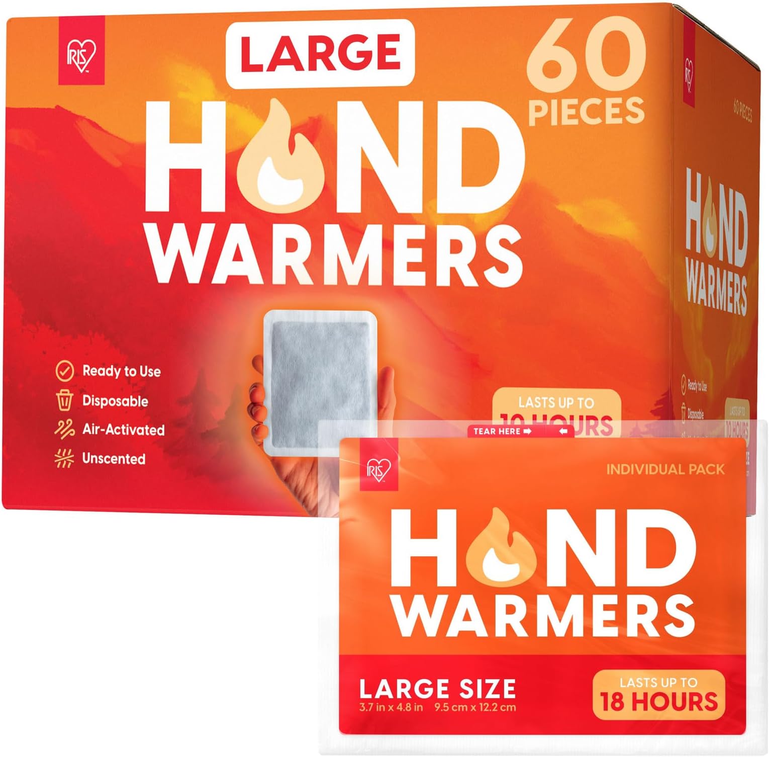 IRIS USA Hand Warmers, Regular/Large/Jumbo, 30/60 Individual Warmers, Regular/Adhesive Body Warmers Up to 10/12/18 Hours Disposable Handwarmer Bulk for Hot Hands Feet Chest Back, TSA-Approved, Camping