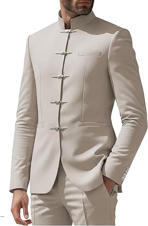 Mens 2 Piece Chinese Tang Suit Men Mandarin Collar Suits for Men Slim Fit Suit with Tang Style Metal Buckle