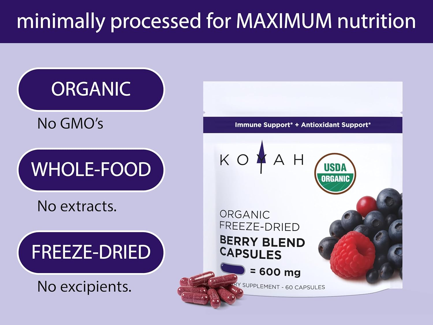 KOYAH - Organic Berry Blend Capsules – Antioxidants & Polyphenols - 600 mg - Freeze-Dried (7.1x Concentrated) - Vegan, Non-GMO, Allergen-Free, Gluten-Free, 100% Whole-Berry - 60 Capsules - Image 3