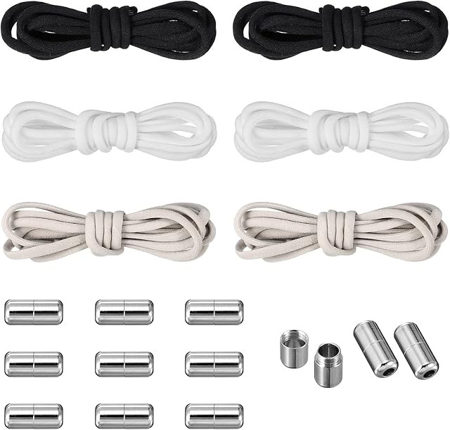 Fuyamp 6 Pair No Tie Elastic Shoe Laces Black White Gray Shoe Laces for Adults Kids Tieless Shoelaces Walking Boot Laces with Metal Lock for Trainers School Shoes