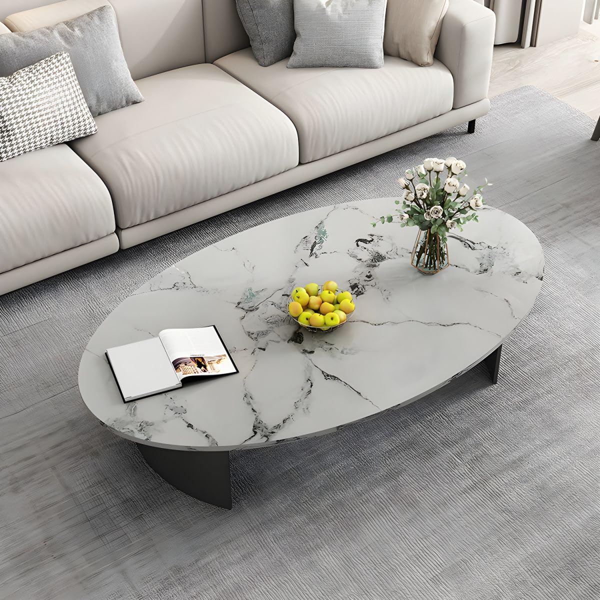 MESCXTY Coffee Table, Mid Century Modern Oval Stone Tabletop SideTable Table with Double Pedestal Metal Base for Living Room Center -Jadeite 39.5" L x 23.5" W 18" H