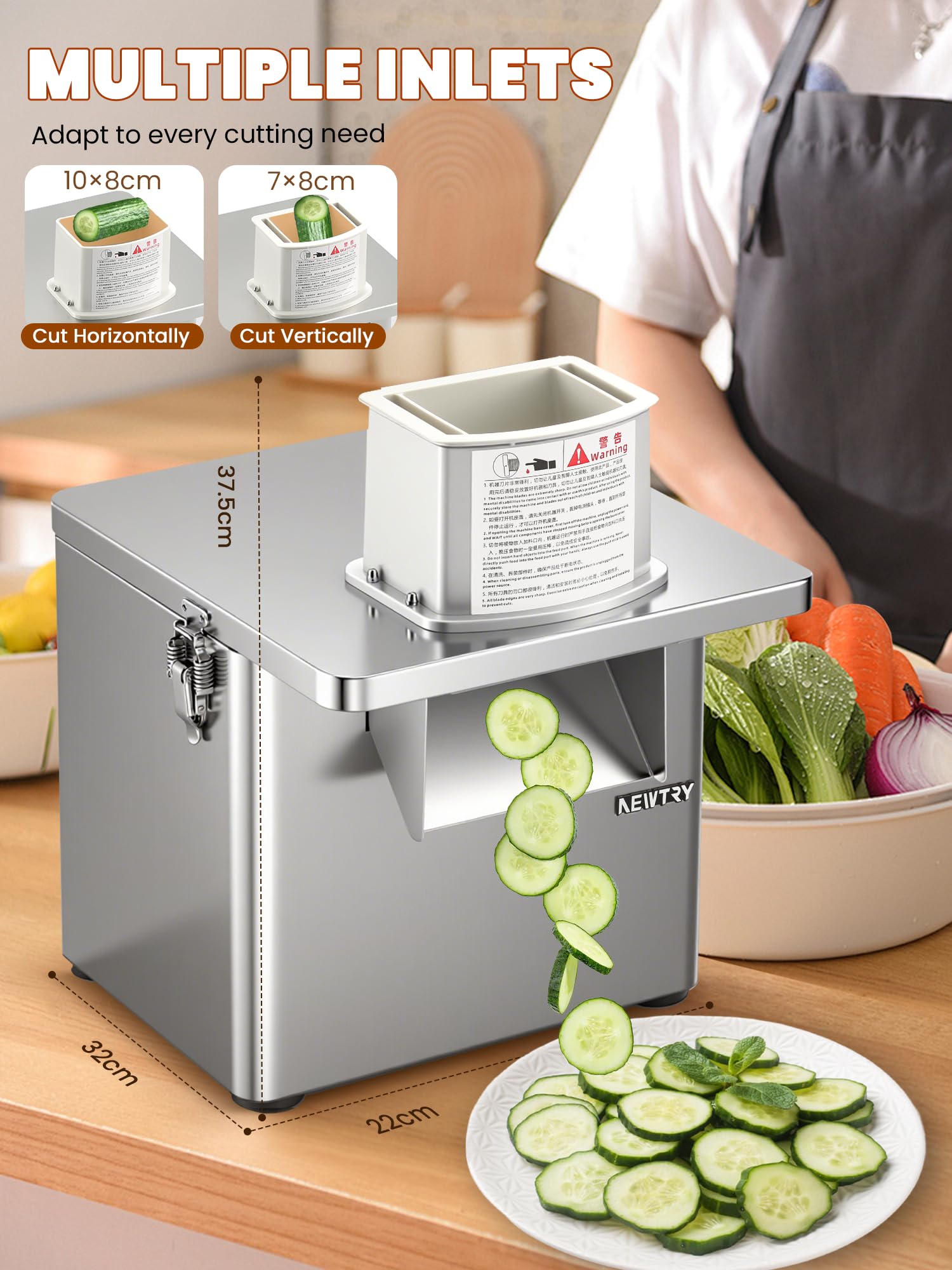 NEWTRY 4-en-1 Commercial Machine à Couper Légumes Électrique - Machine de Cuisine Inoxydable 250W, Ciseleur en Dés pour Dés, Râpage, Coupe et Lanières, 200kg/h
