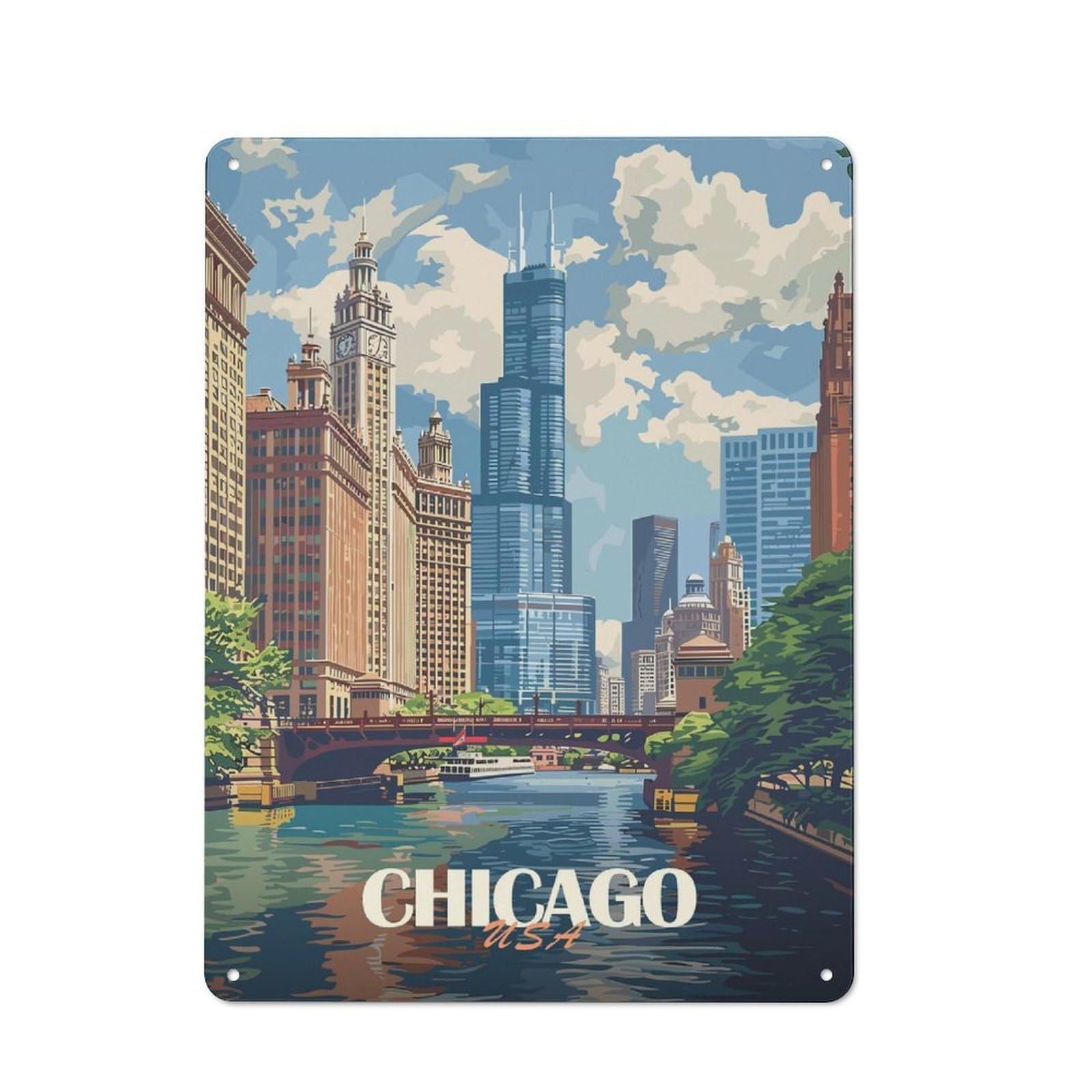 Classic Chicago Skyline (2) Metal Sign 40x30cm, Classic Pub Decor for Diner, Restaurant, Shed Or Kitchen