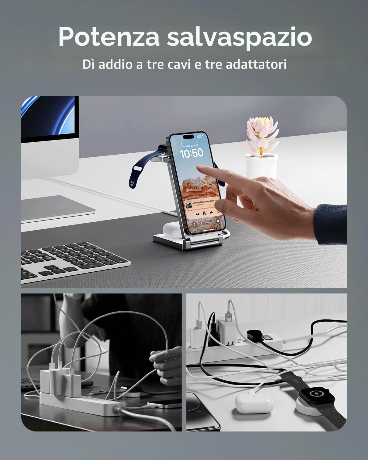 Caricatore wireless 3 in 1 pieghevole in lega di zinco[Compatibile con il caricatore Magsafe],Stazione di ricarica magnetica per iPhone serie 15/14/13/12,per AirPods,iWatch-Bianca