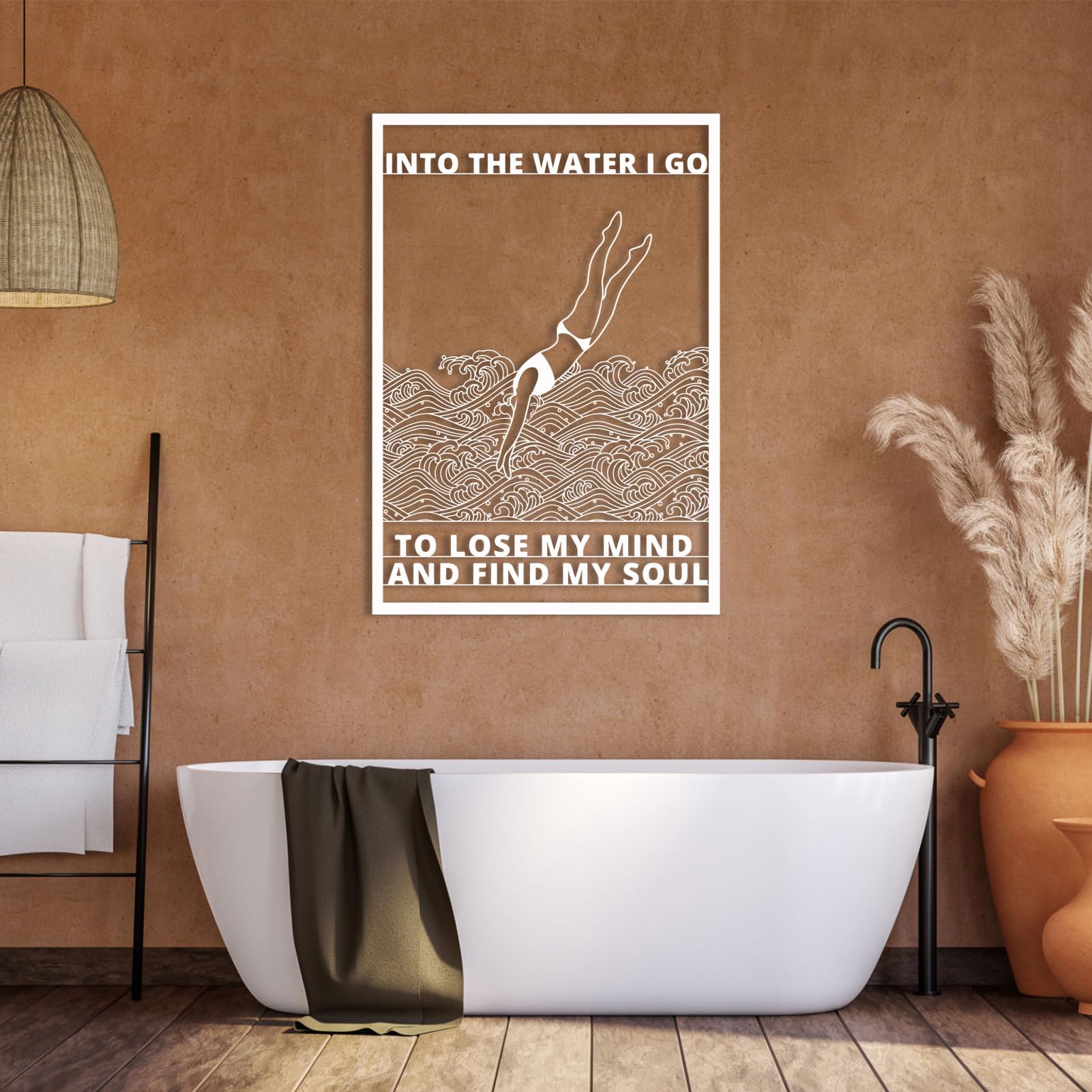 Nowoczesna minimalistyczna metalowa dekoracja ścienna z motywem tropikalnym do pływania i sportów wodnych, idealna do łazienki, salonu lub sypialni (biały, 62 x 43 cm)