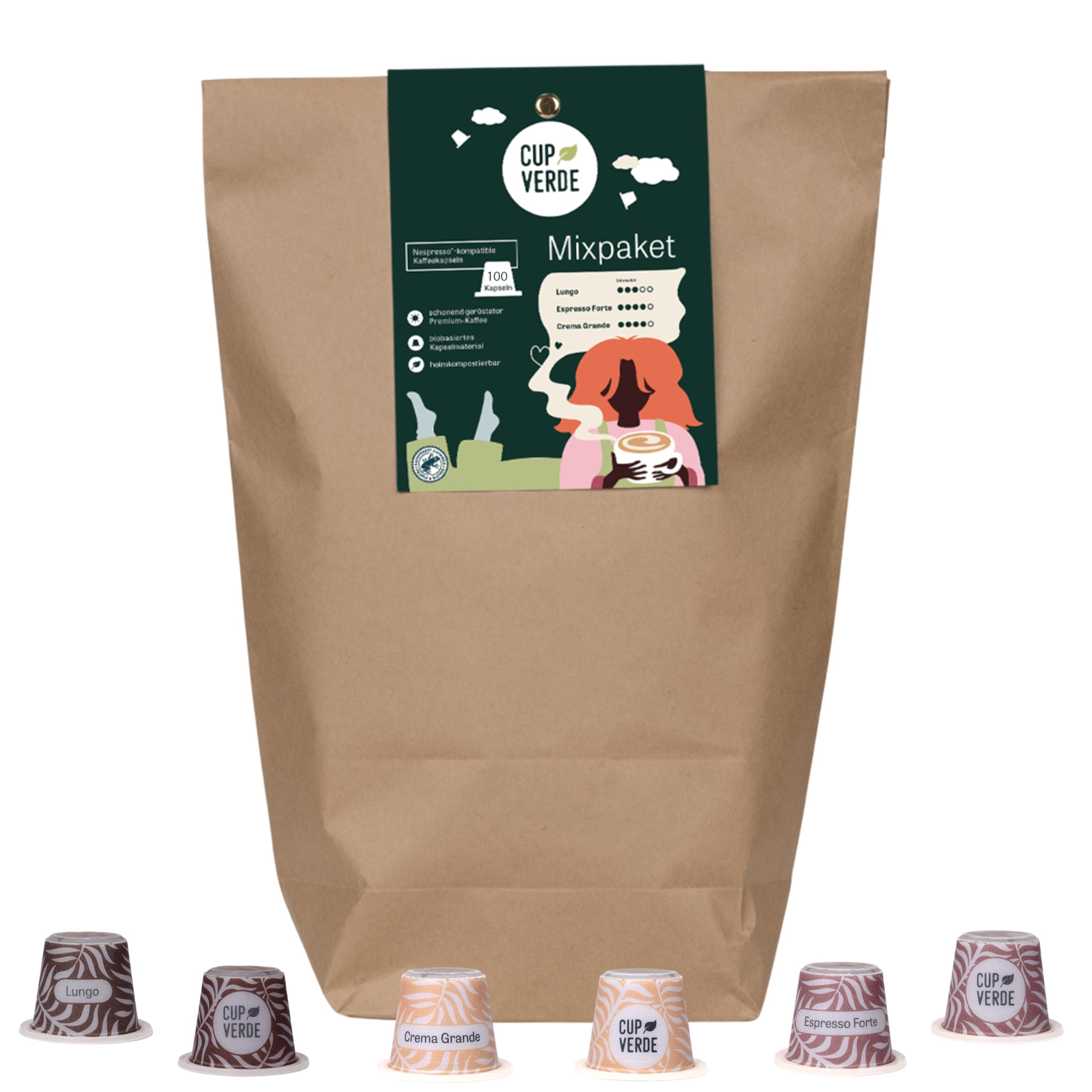 CUP VERDE – 100 Kaffeekapseln MIXPAKET kompatibel mit Nespresso* 3 Sorten - CREMA - LUNGO - ESPRESSO/Heim Kompostierbar – Premium Kaffee - schonend geröstet